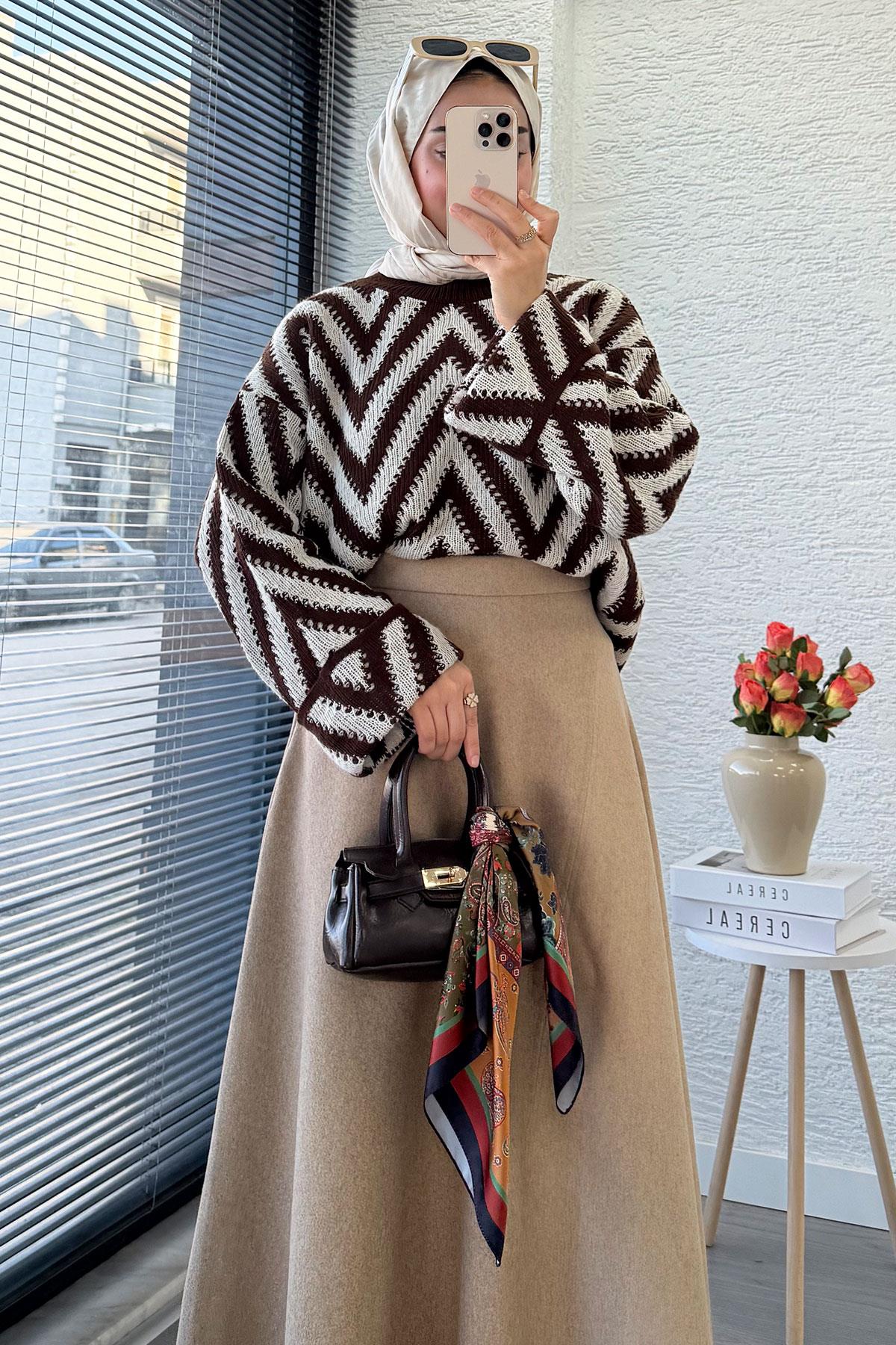 Premium Kaşe Kloş Form Etek - Bej