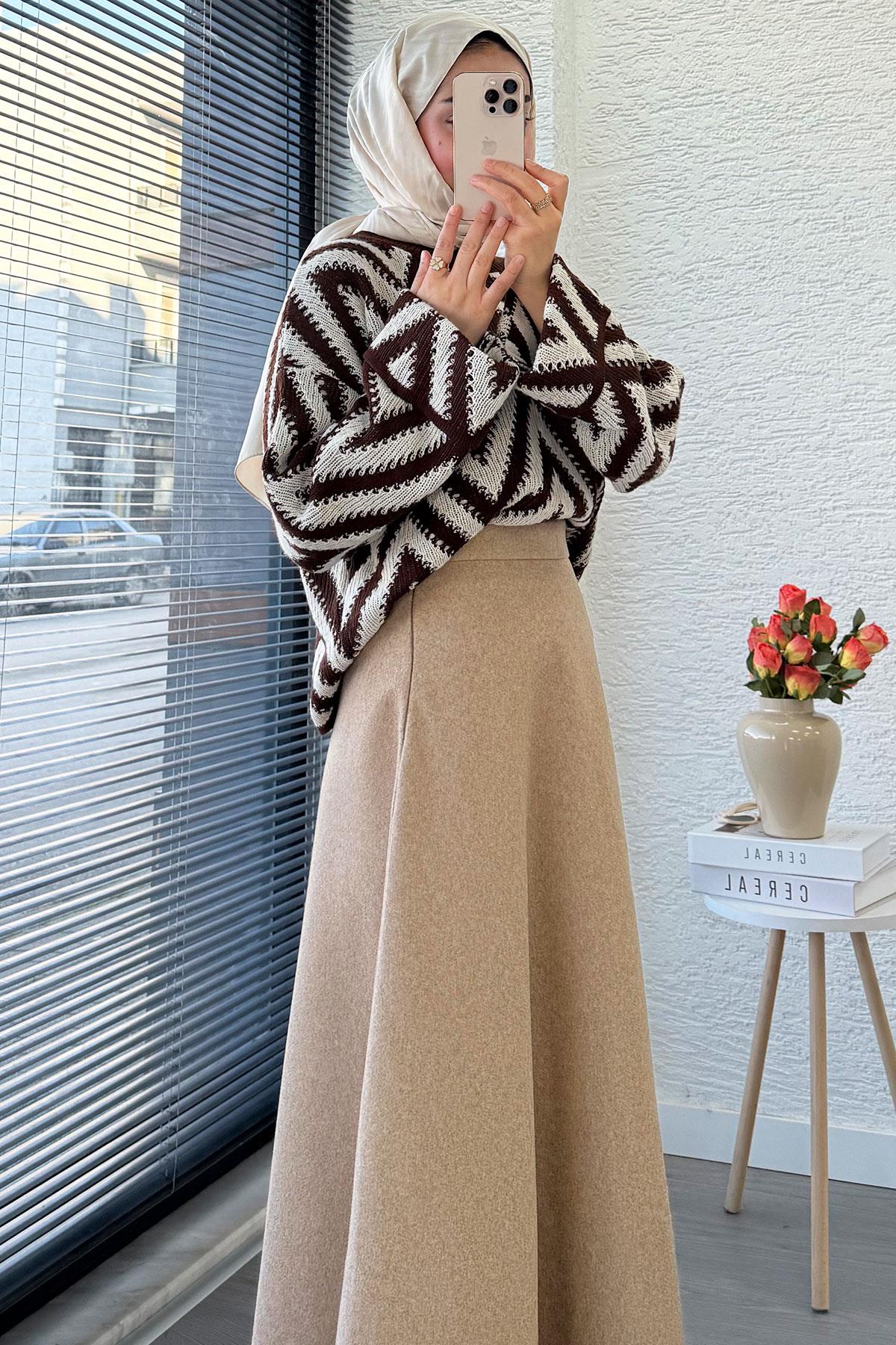 Premium Kaşe Kloş Form Etek - Bej