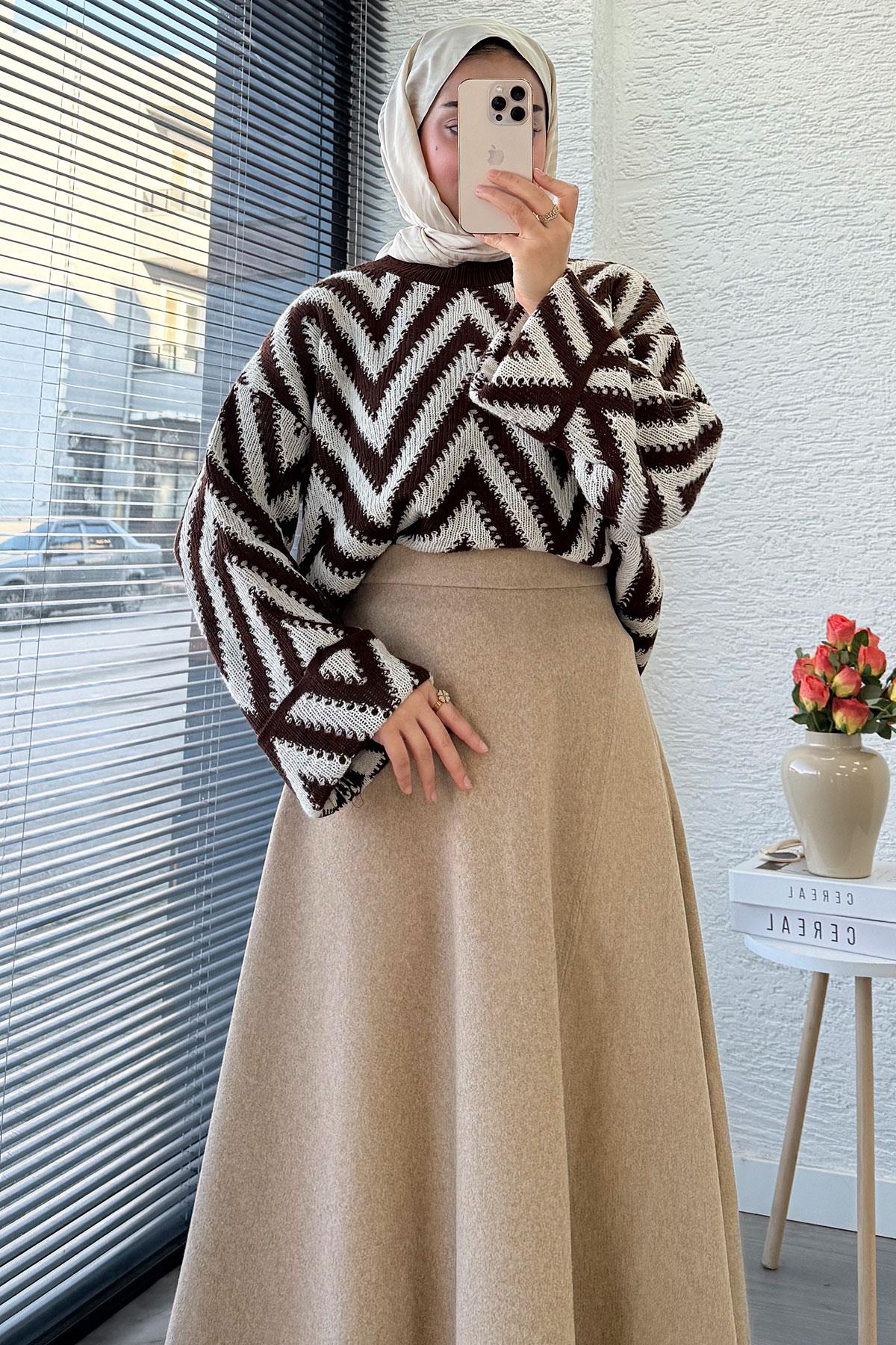 Premium Kaşe Kloş Form Etek - Bej