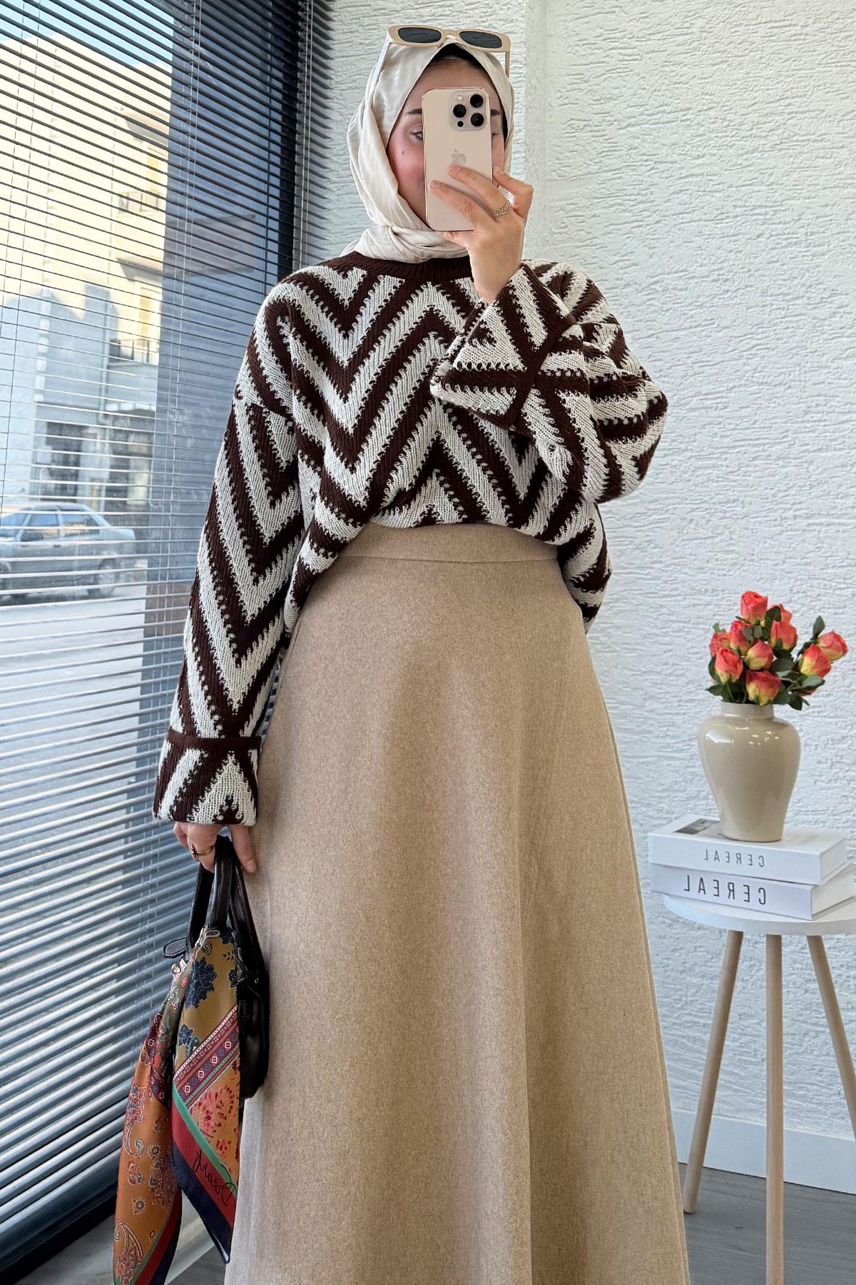 Premium Kaşe Kloş Form Etek - Bej