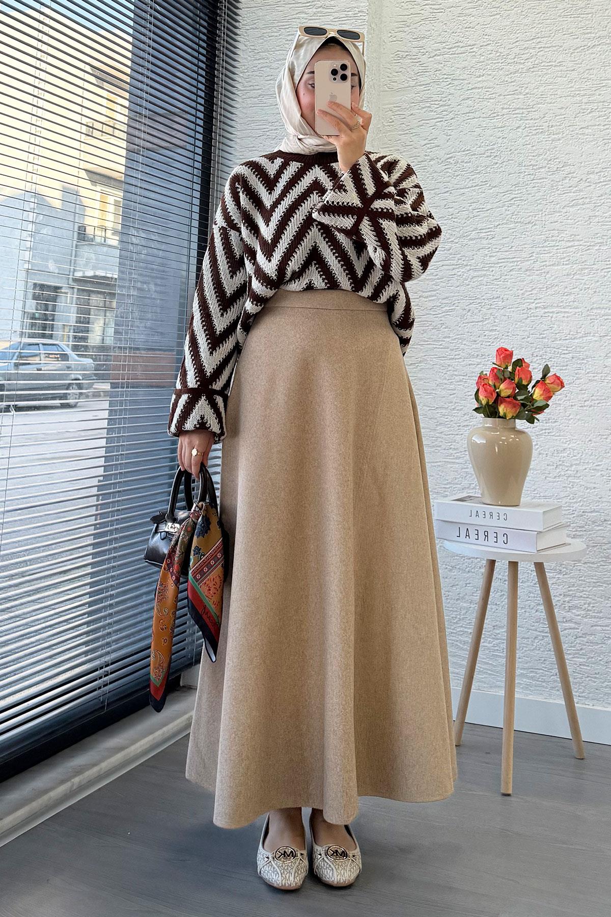 Premium Kaşe Kloş Form Etek - Bej