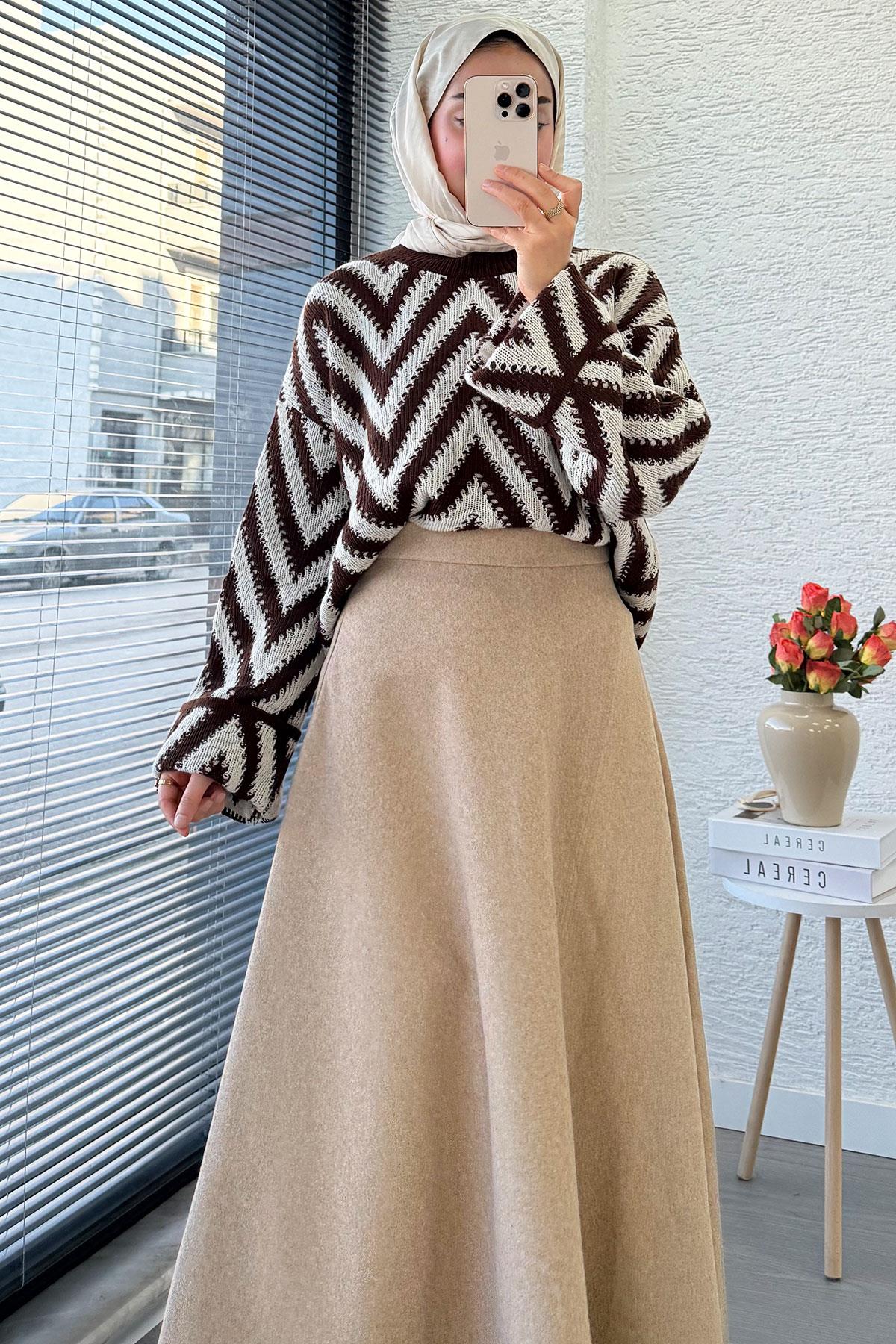 Premium Kaşe Kloş Form Etek - Bej