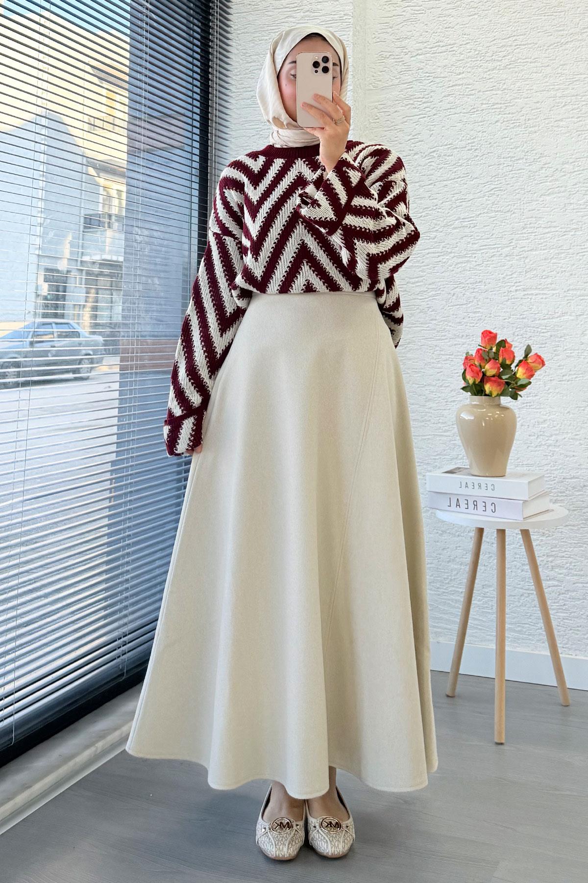 Premium Kaşe Kloş Form Etek - Krem