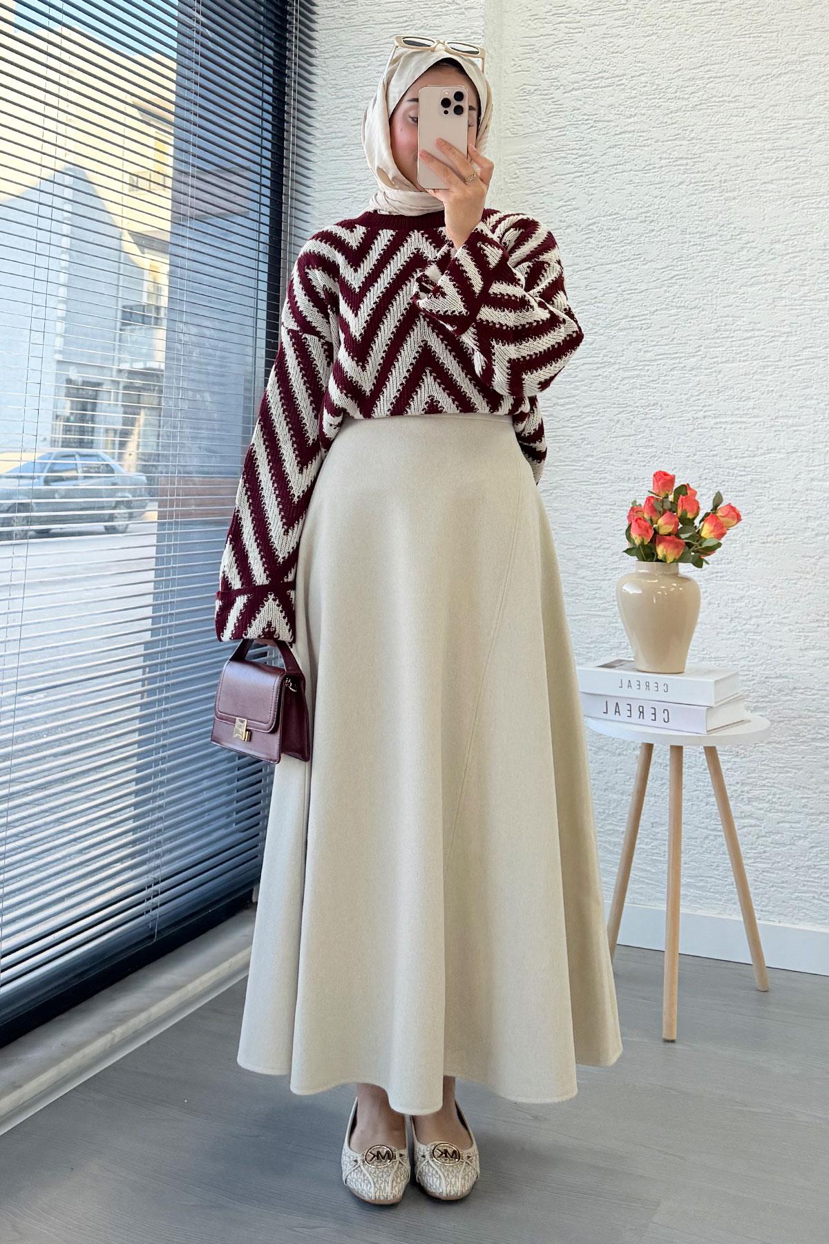 Premium Kaşe Kloş Form Etek - Krem