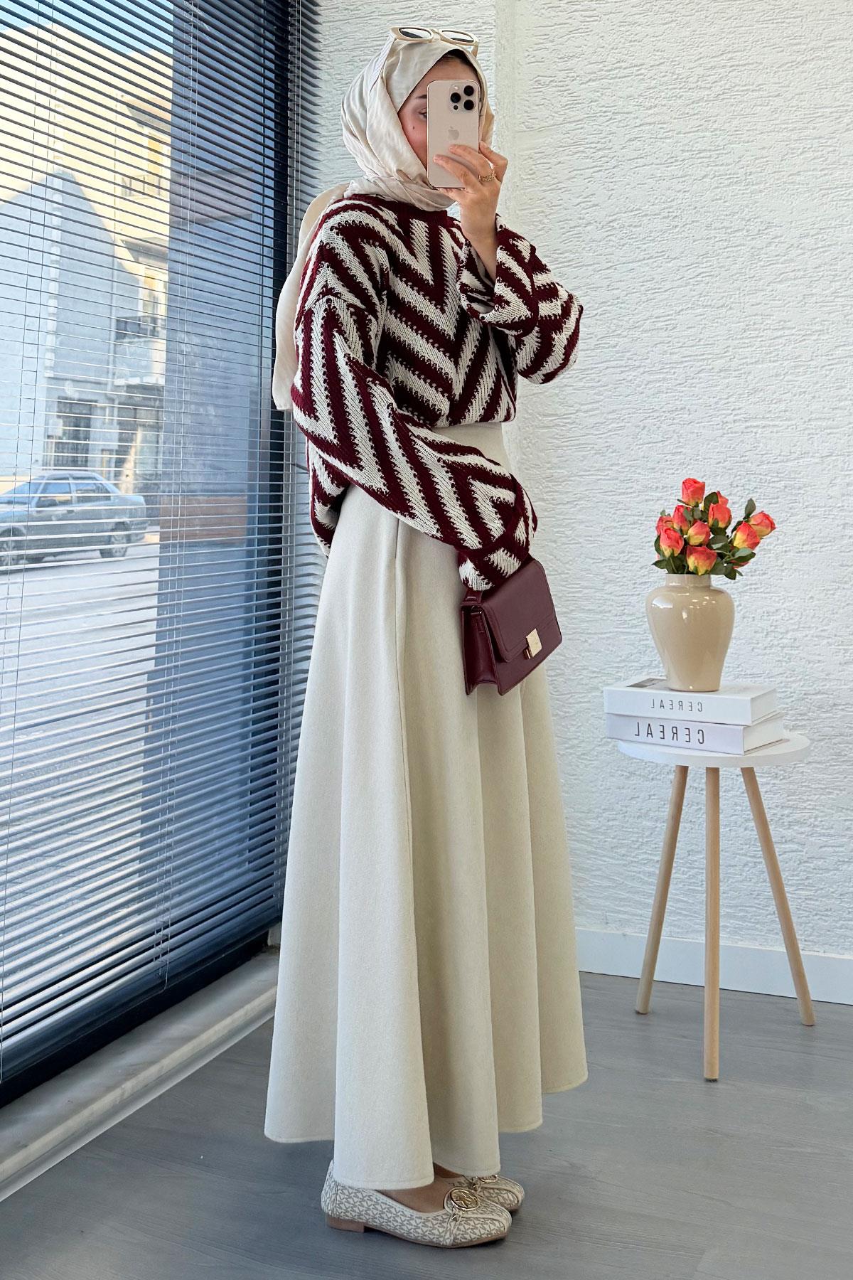 Premium Kaşe Kloş Form Etek - Krem