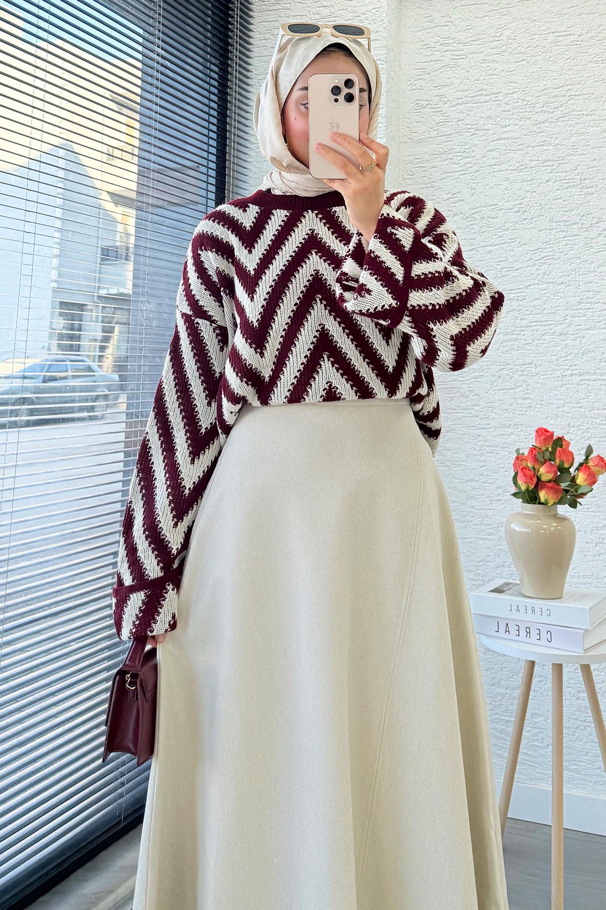 Premium Kaşe Kloş Form Etek - Krem