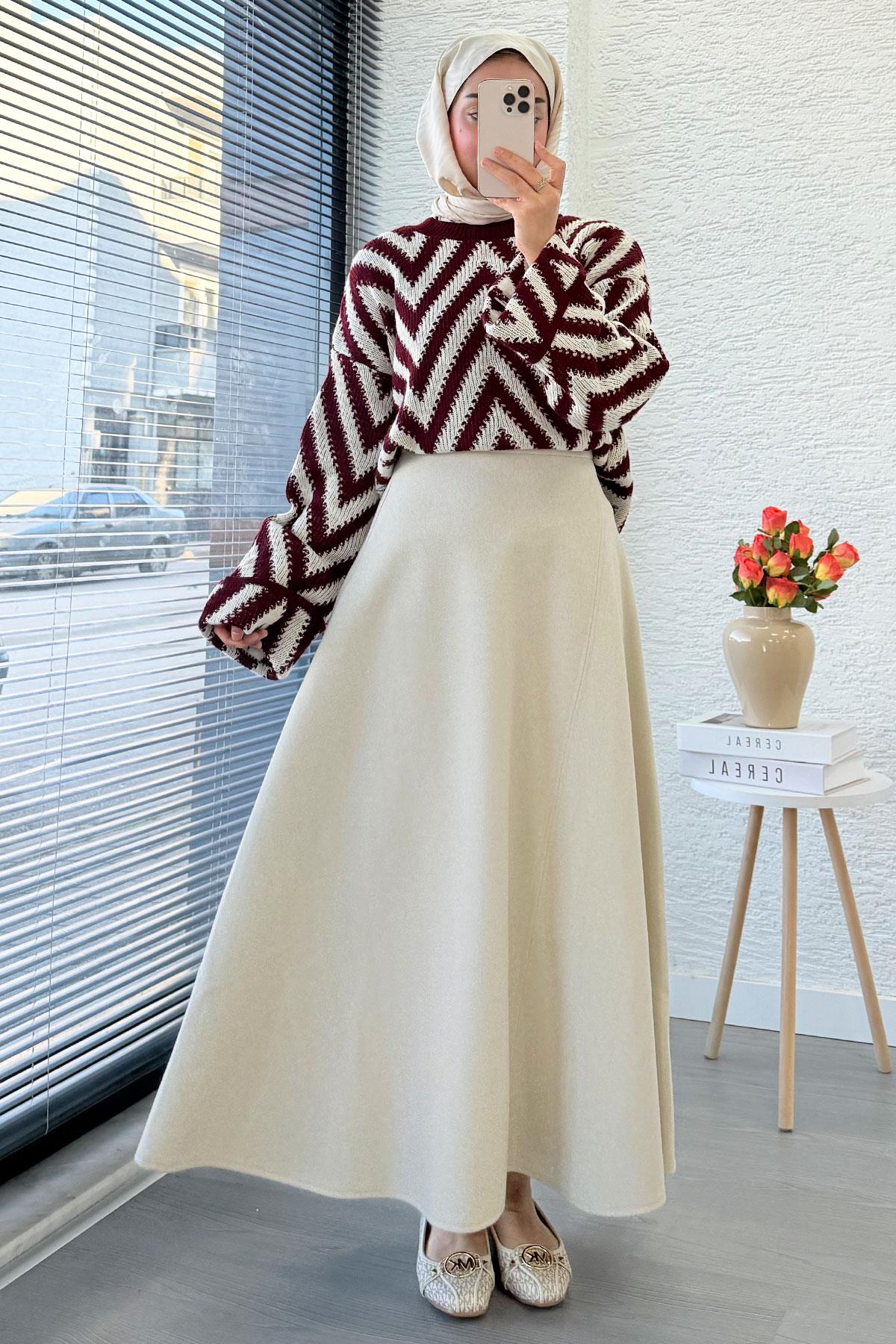 Premium Kaşe Kloş Form Etek - Krem