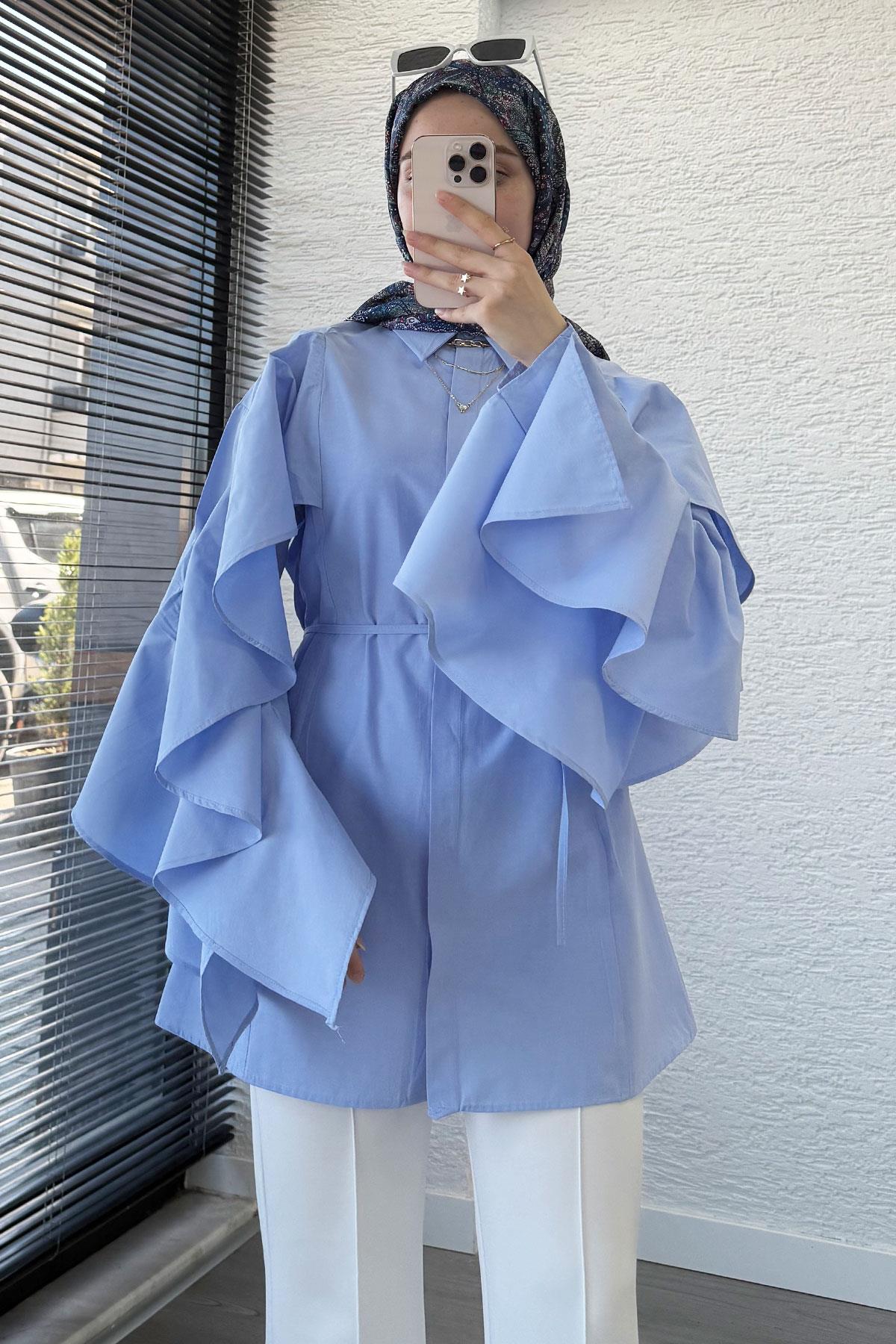 Premium Kol Volanlı Poplin Tunik – Mavi