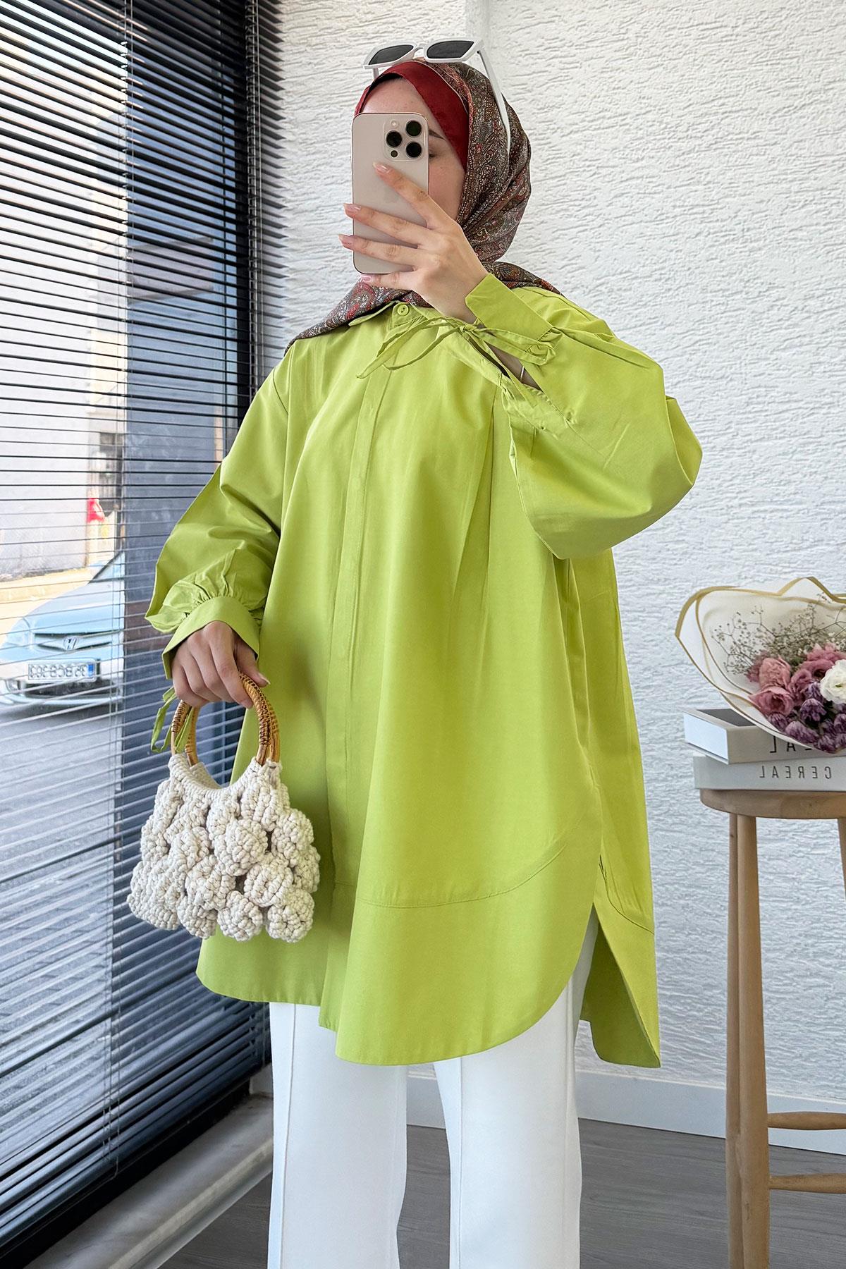 Premium Kolu Bağlamalı Pensli Poplin Tunik - Yeşil