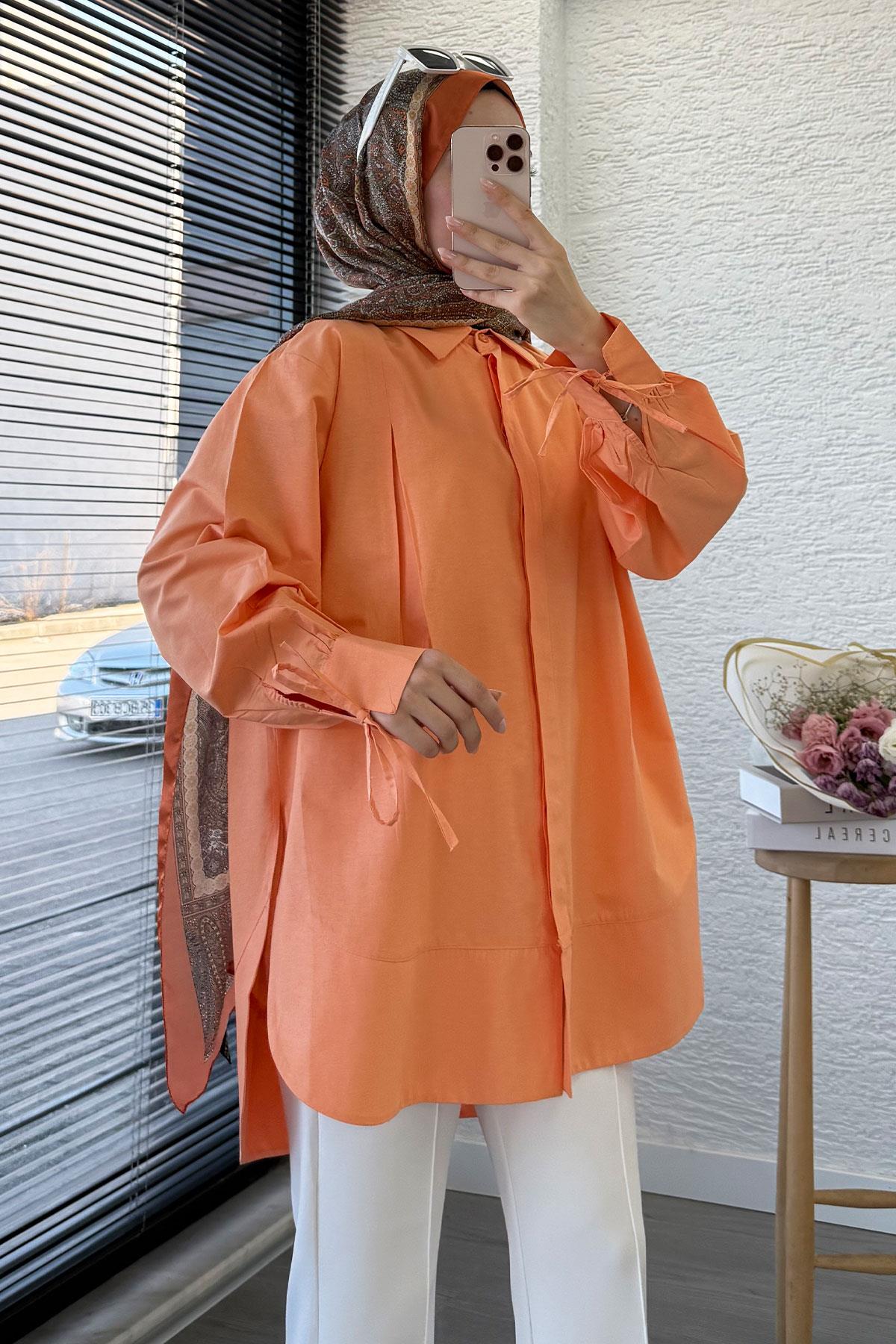 Premium Kolu Bağlamalı Pensli Poplin Tunik - Turuncu