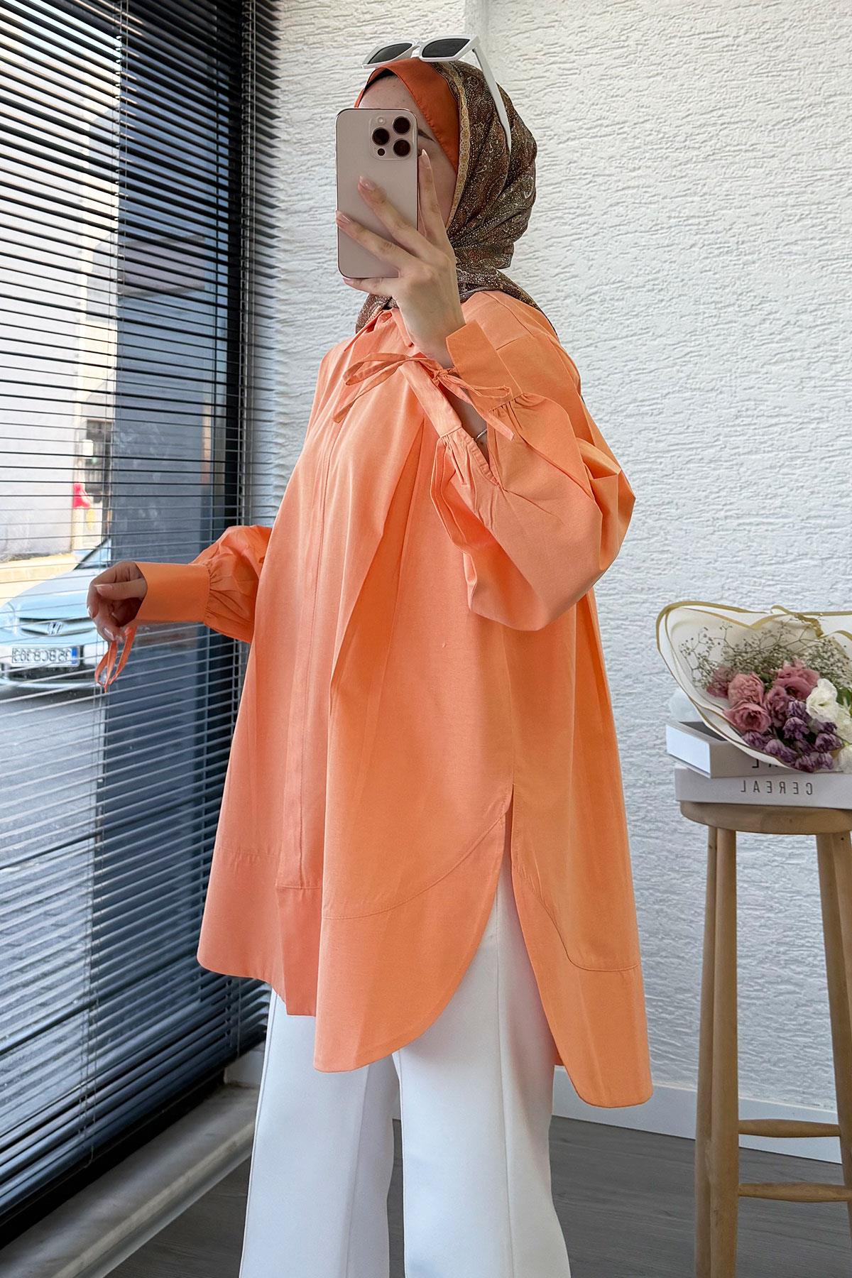 Premium Kolu Bağlamalı Pensli Poplin Tunik - Turuncu