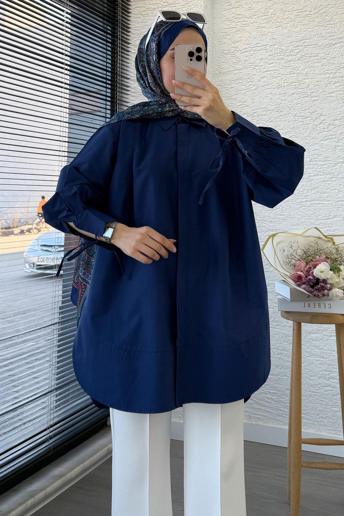 Premium Kolu Bağlamalı Pensli Poplin Tunik - Lacivert