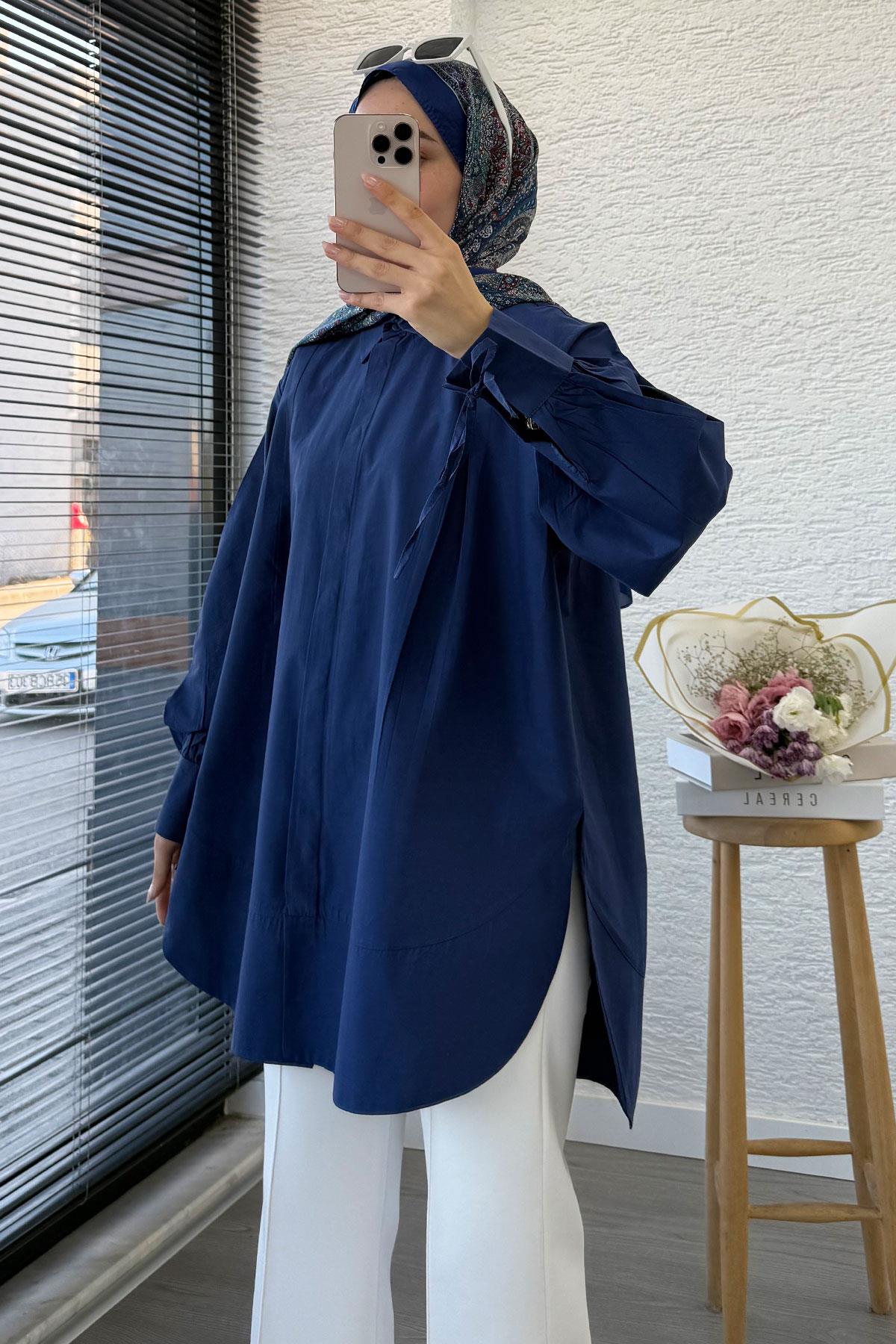 Premium Kolu Bağlamalı Pensli Poplin Tunik - Lacivert