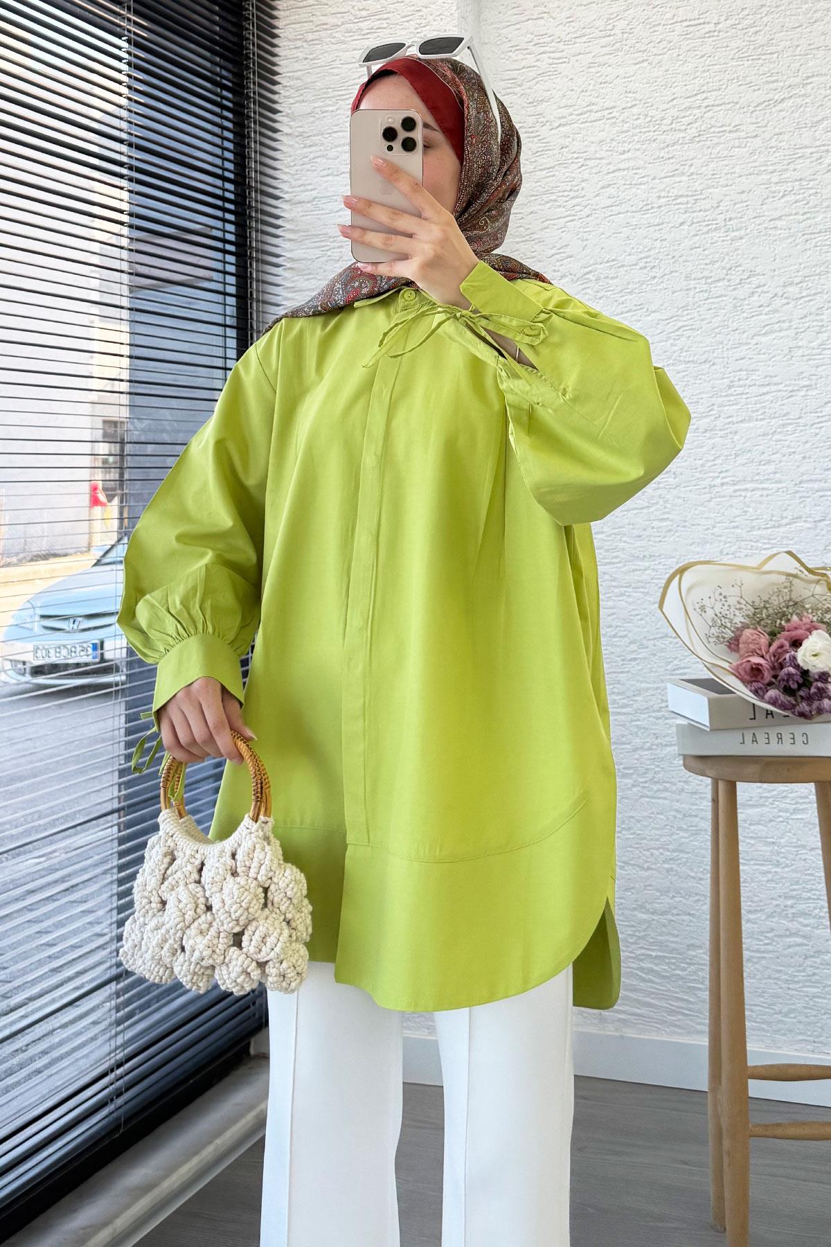 Premium Kolu Bağlamalı Pensli Poplin Tunik - Yeşil