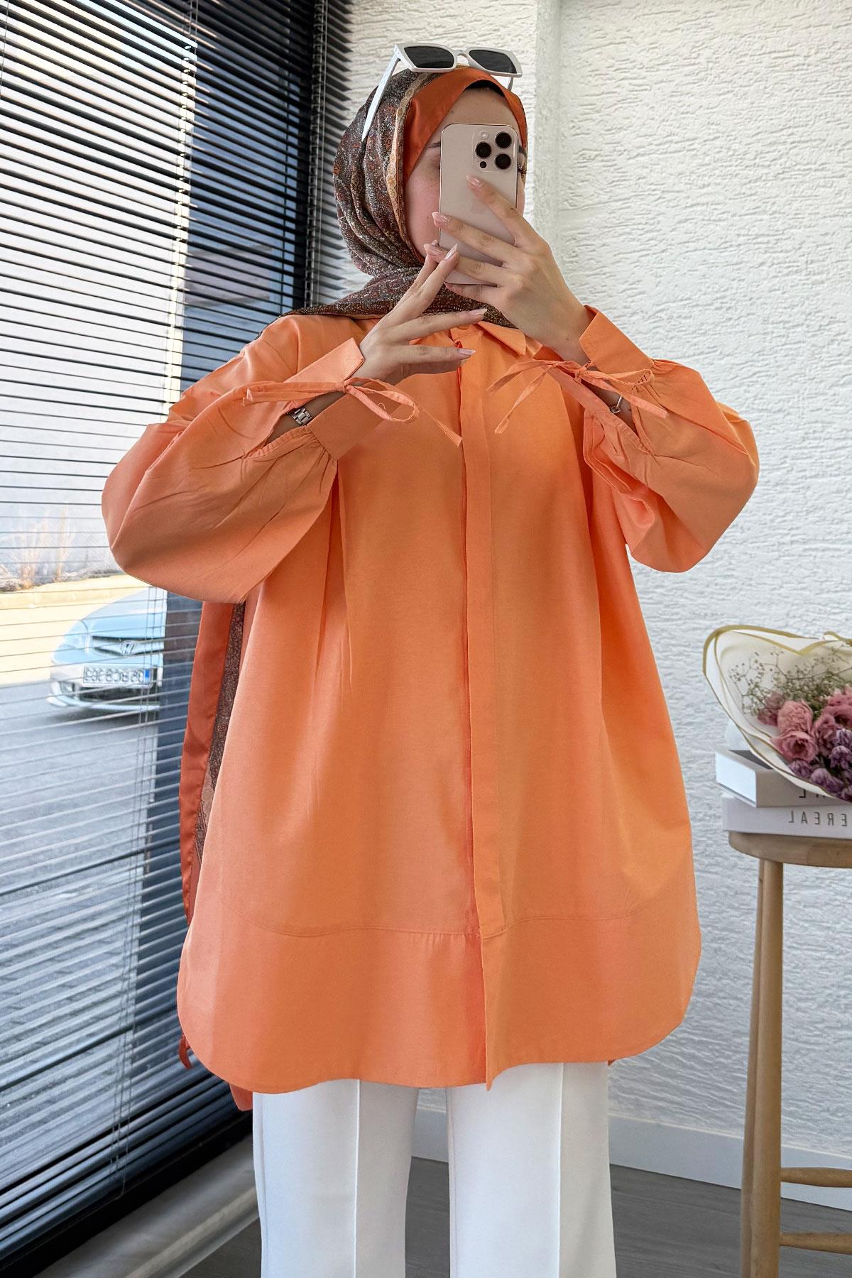 Premium Kolu Bağlamalı Pensli Poplin Tunik - Turuncu