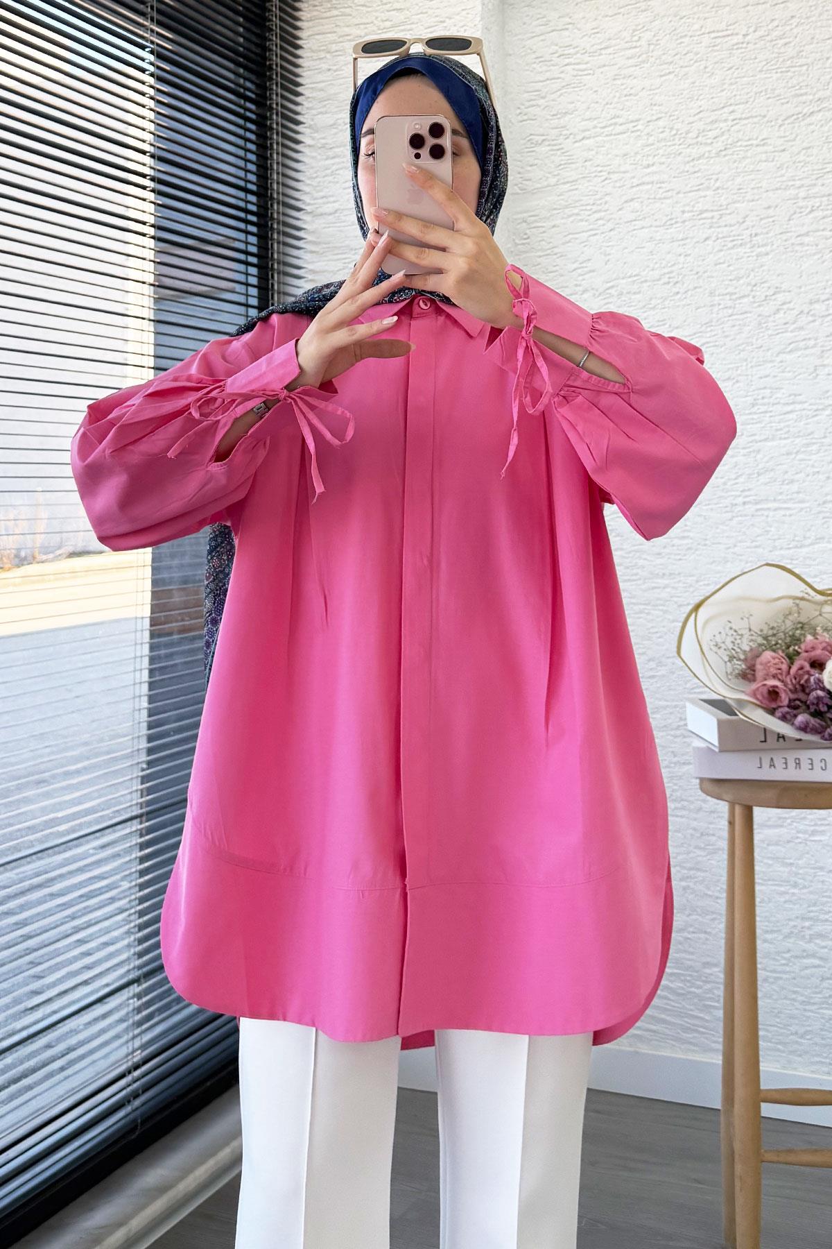 Premium Kolu Bağlamalı Pensli Poplin Tunik - Pembe