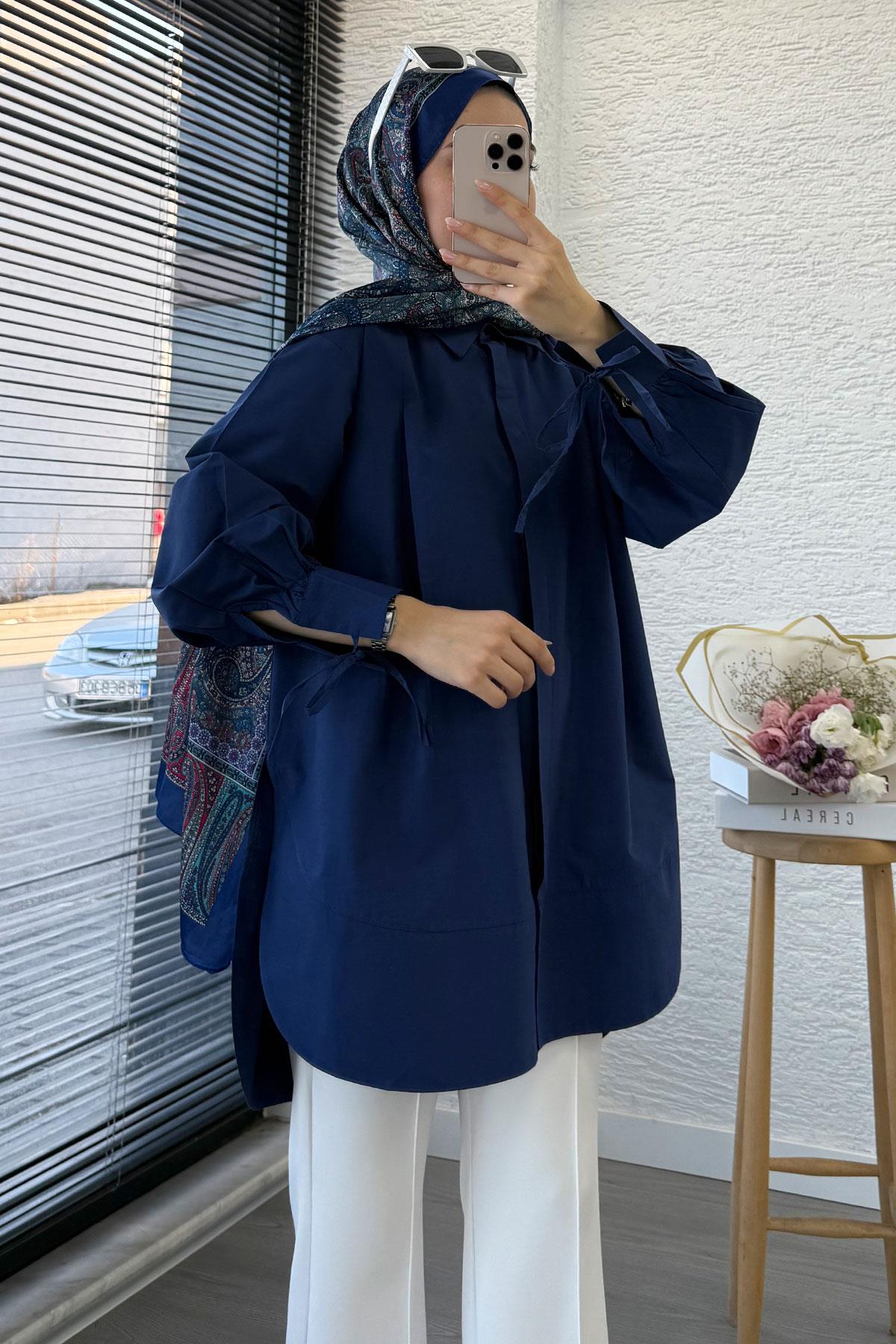 Premium Kolu Bağlamalı Pensli Poplin Tunik - Lacivert