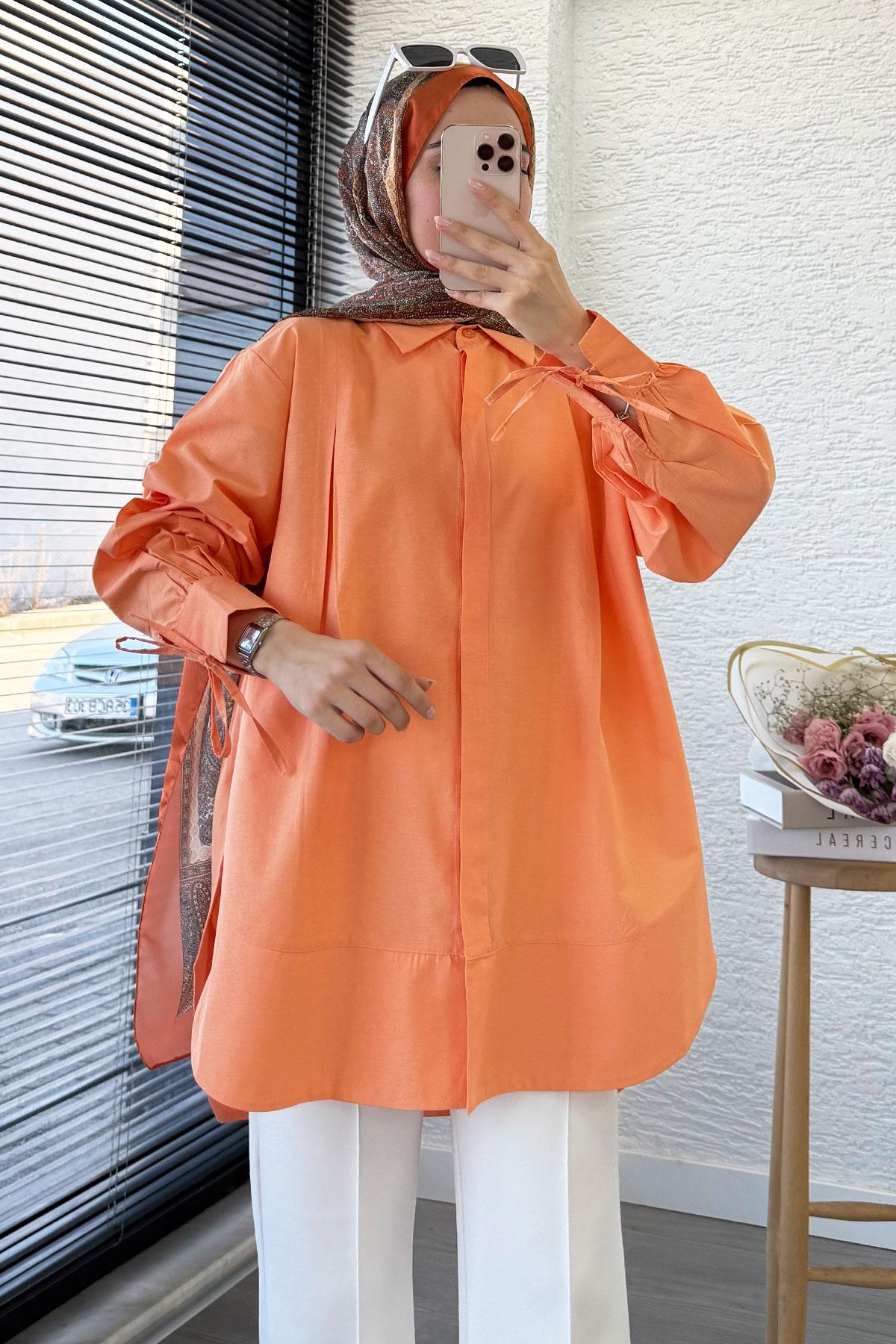 Premium Kolu Bağlamalı Pensli Poplin Tunik - Turuncu