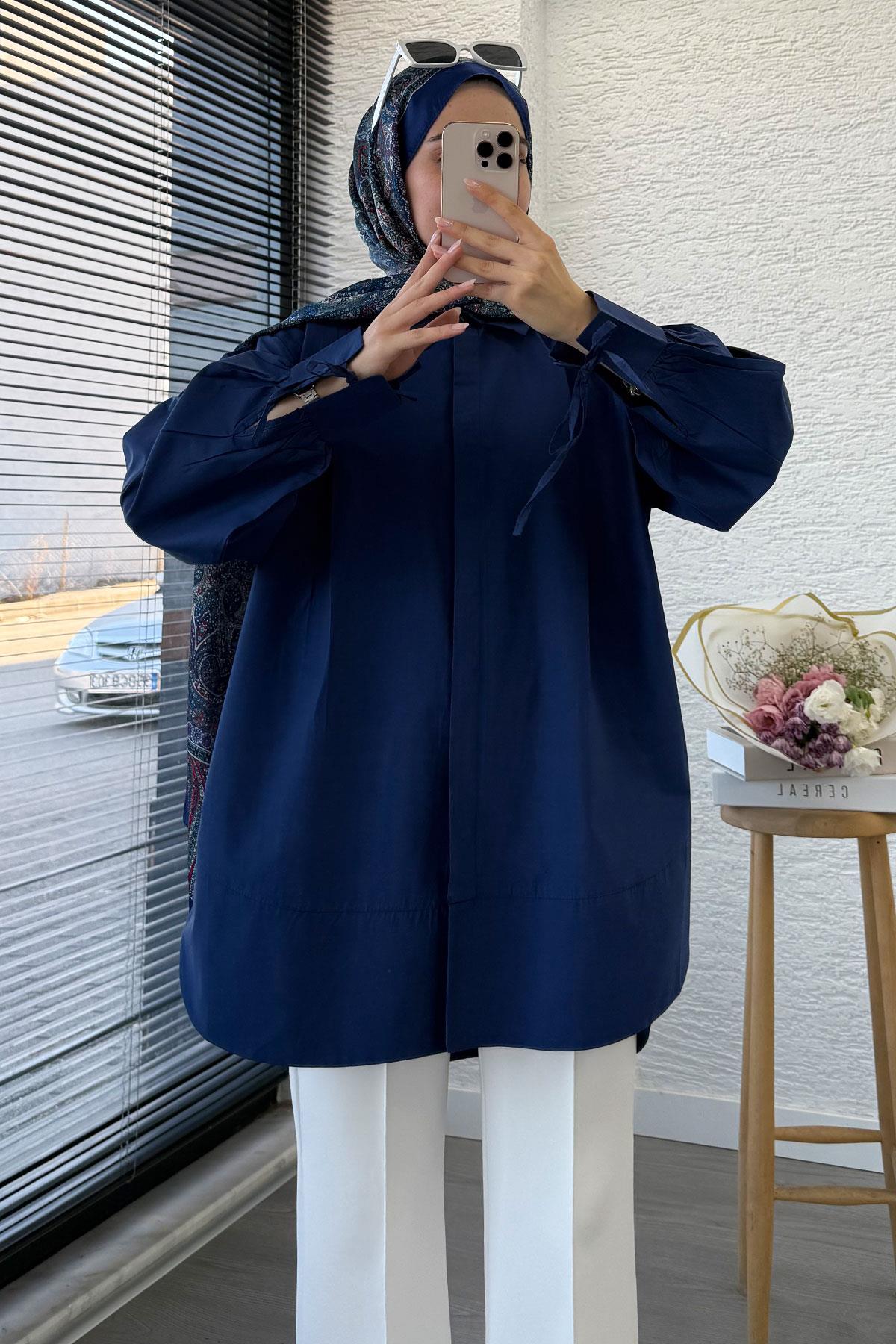 Premium Kolu Bağlamalı Pensli Poplin Tunik - Lacivert