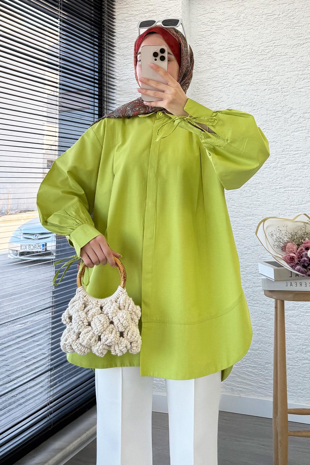 Premium Kolu Bağlamalı Pensli Poplin Tunik - Yeşil