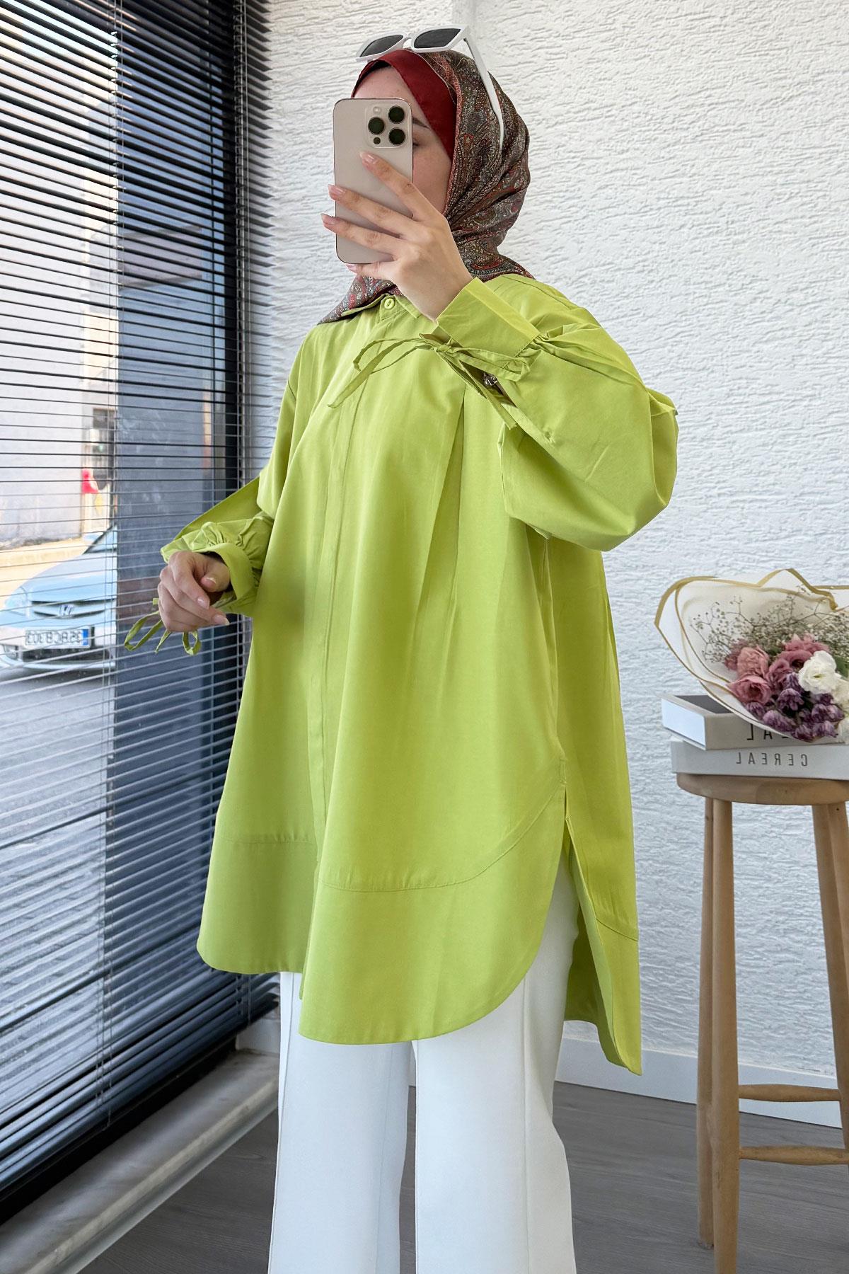 Premium Kolu Bağlamalı Pensli Poplin Tunik - Yeşil