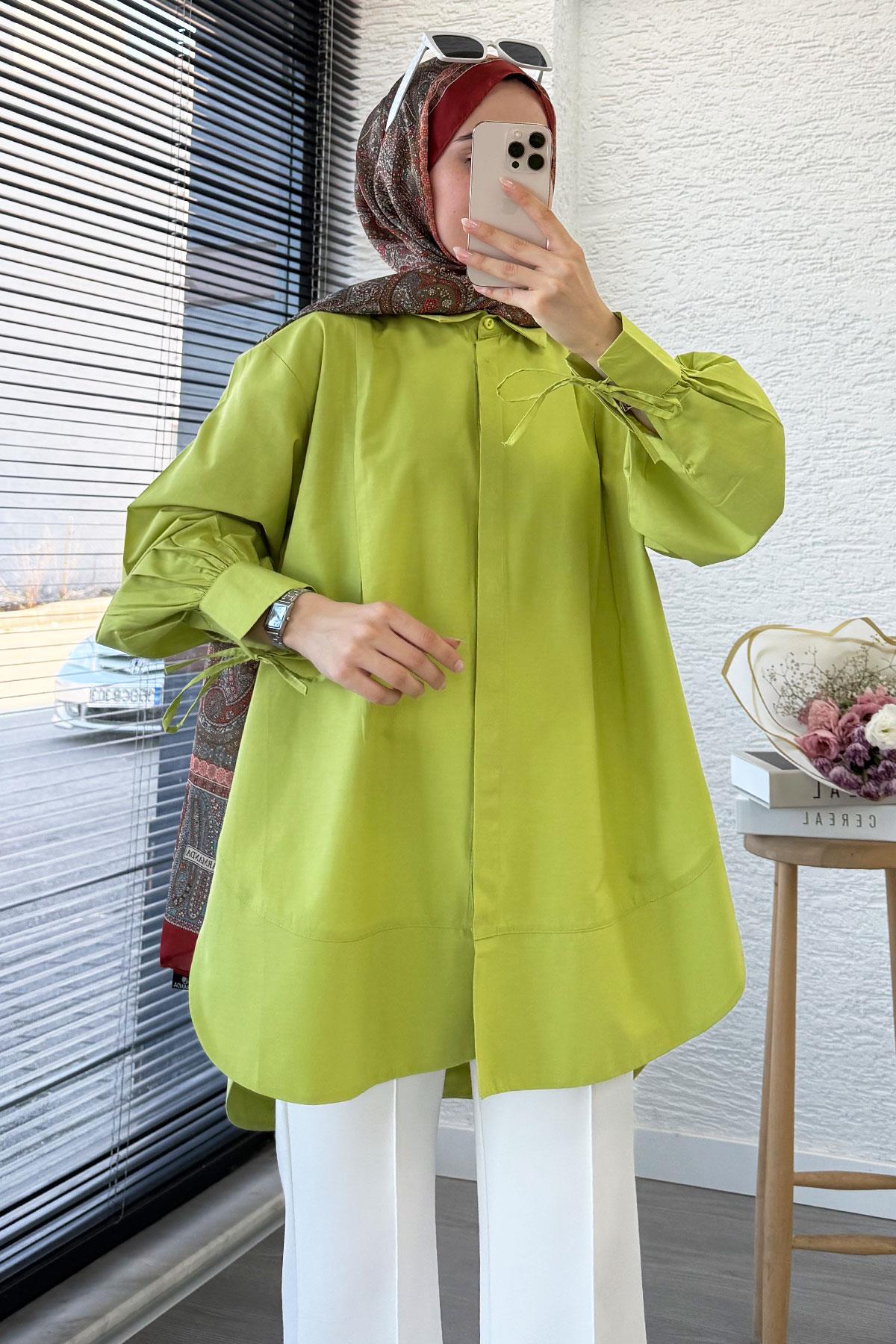Premium Kolu Bağlamalı Pensli Poplin Tunik - Yeşil