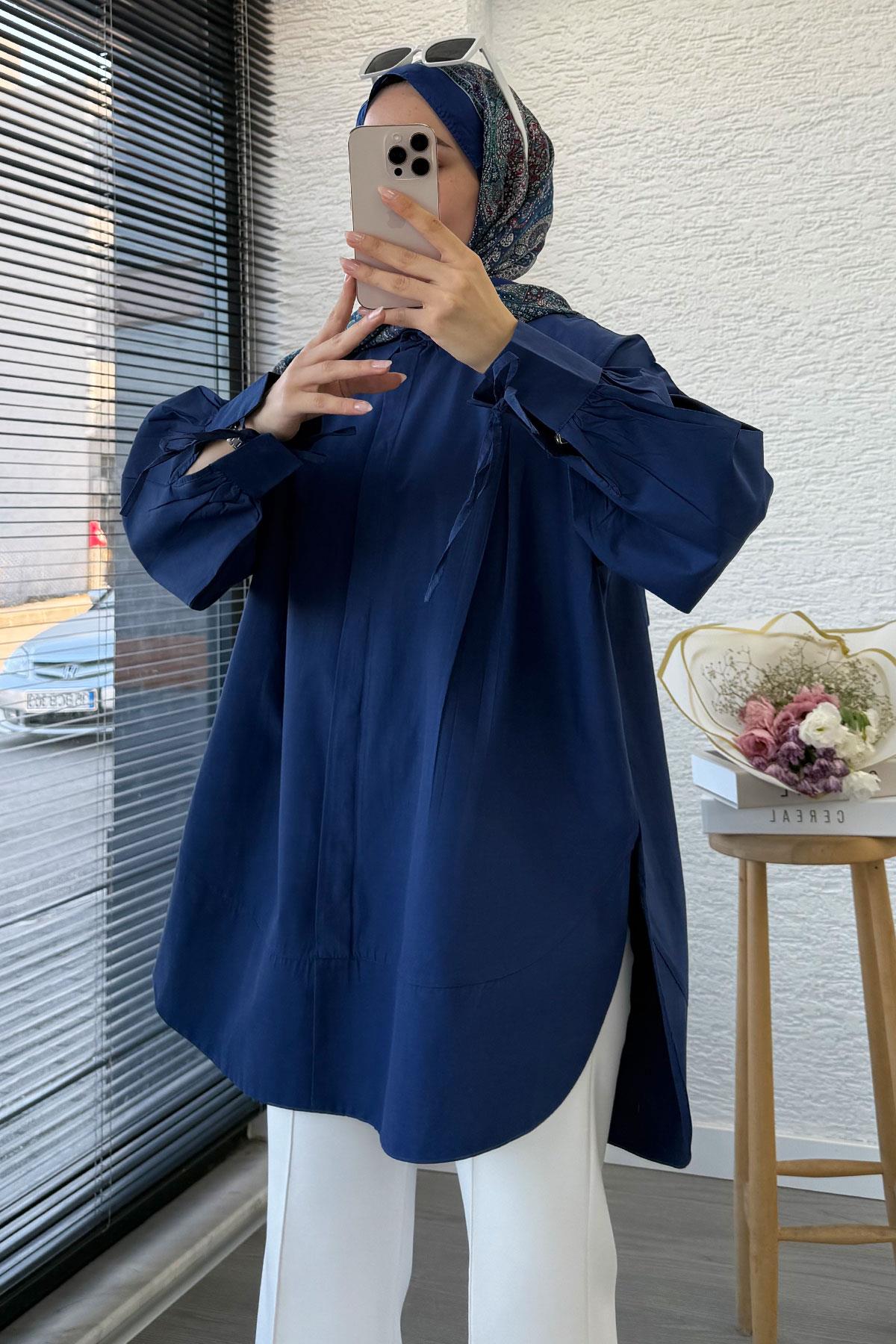 Premium Kolu Bağlamalı Pensli Poplin Tunik - Lacivert