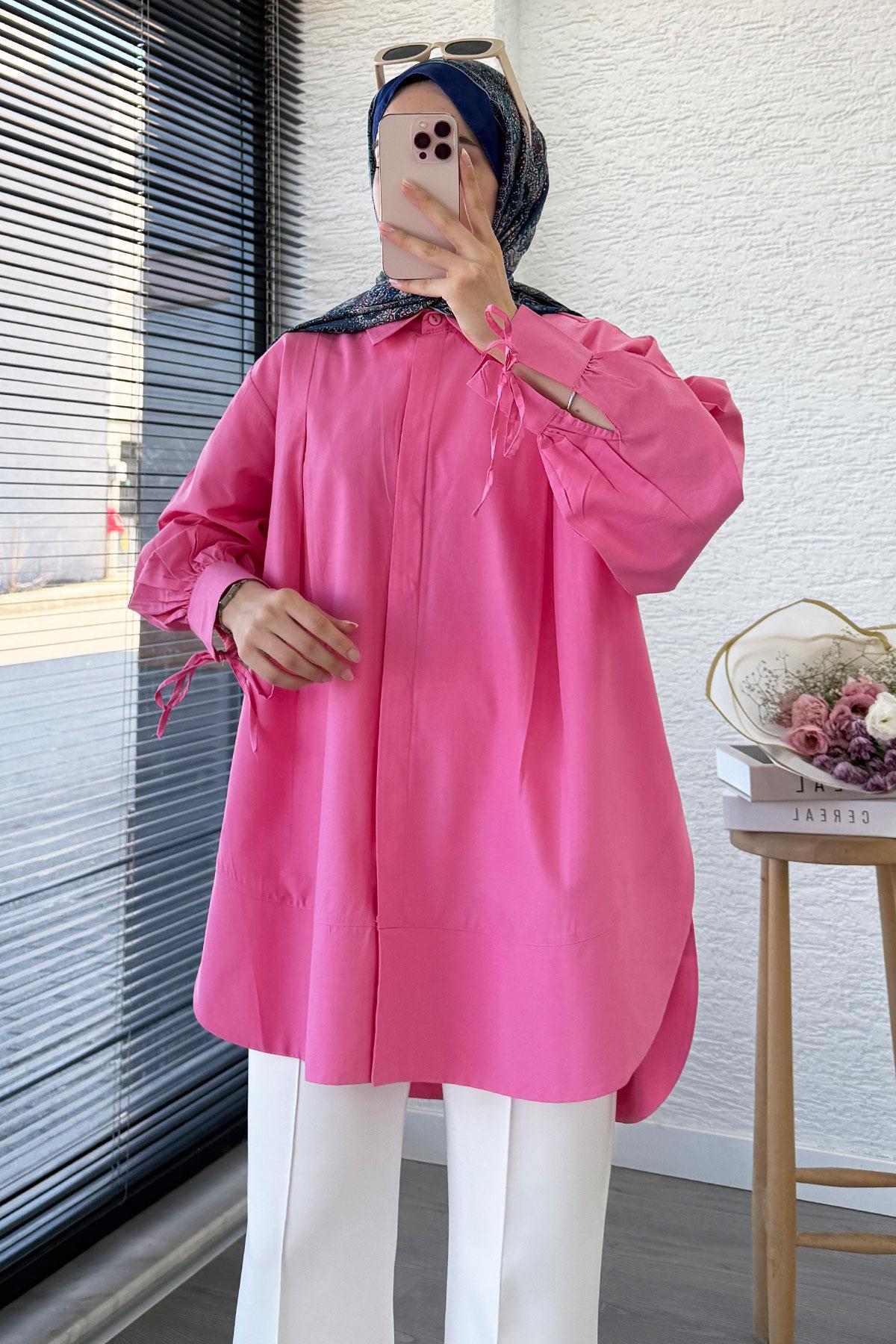 Premium Kolu Bağlamalı Pensli Poplin Tunik - Pembe