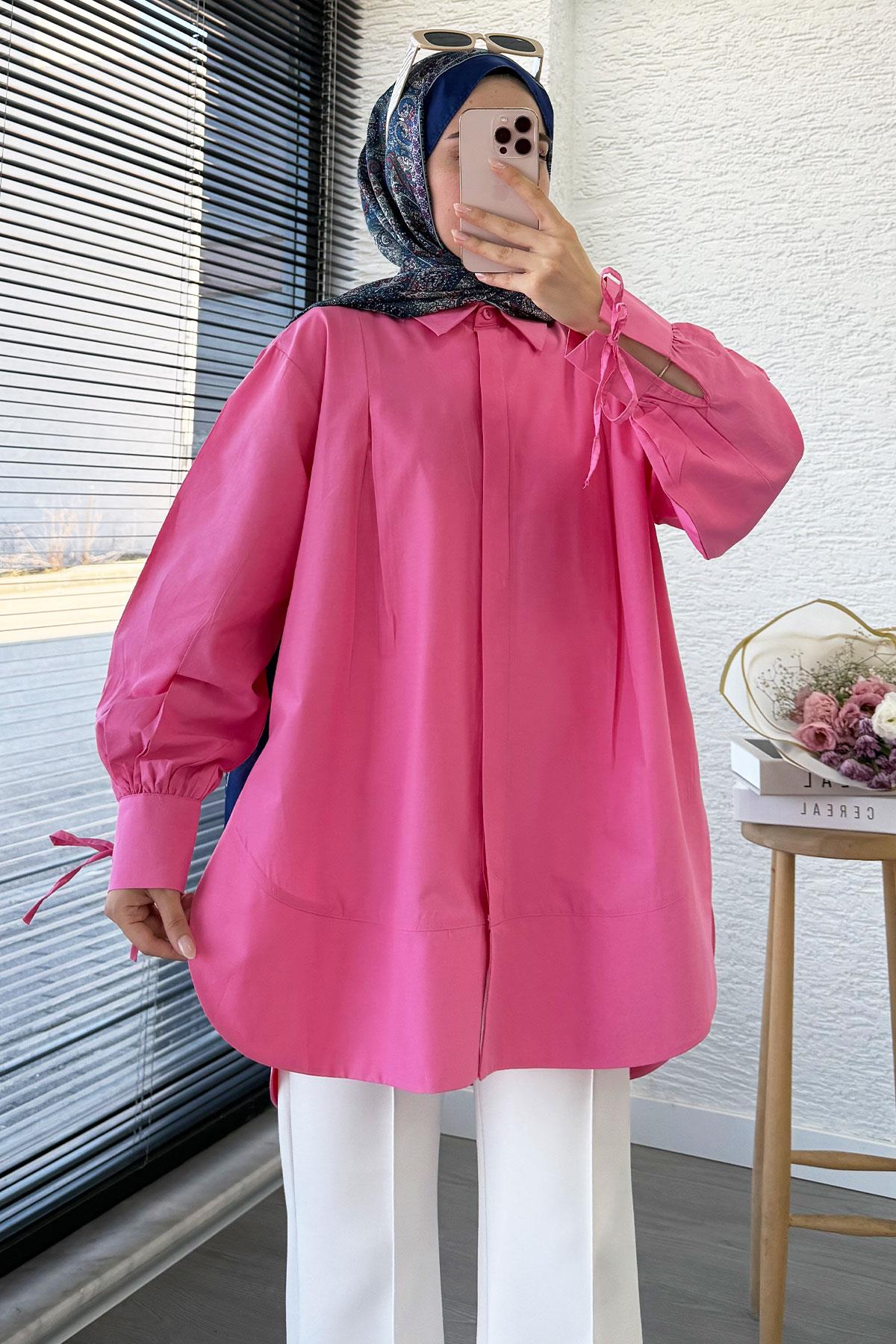 Premium Kolu Bağlamalı Pensli Poplin Tunik - Pembe