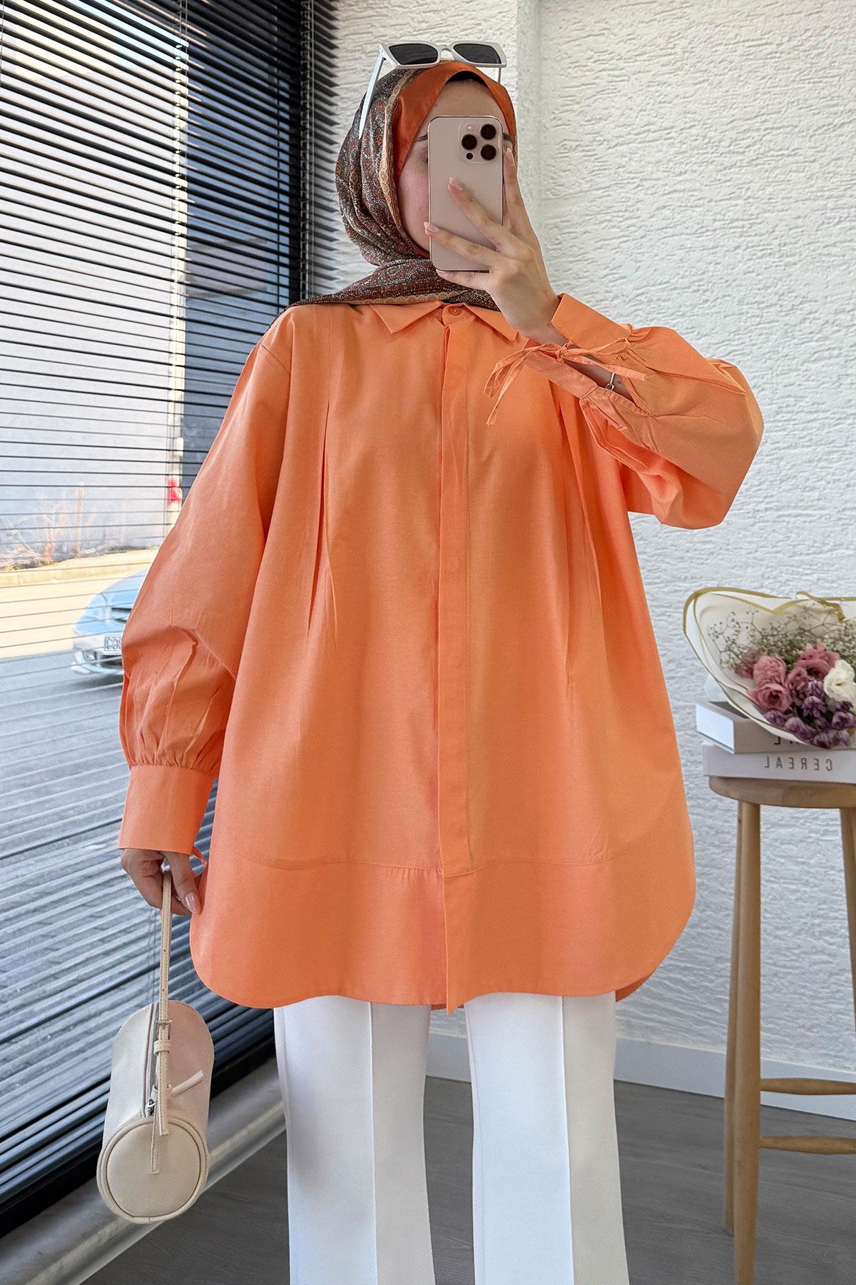 Premium Kolu Bağlamalı Pensli Poplin Tunik - Turuncu