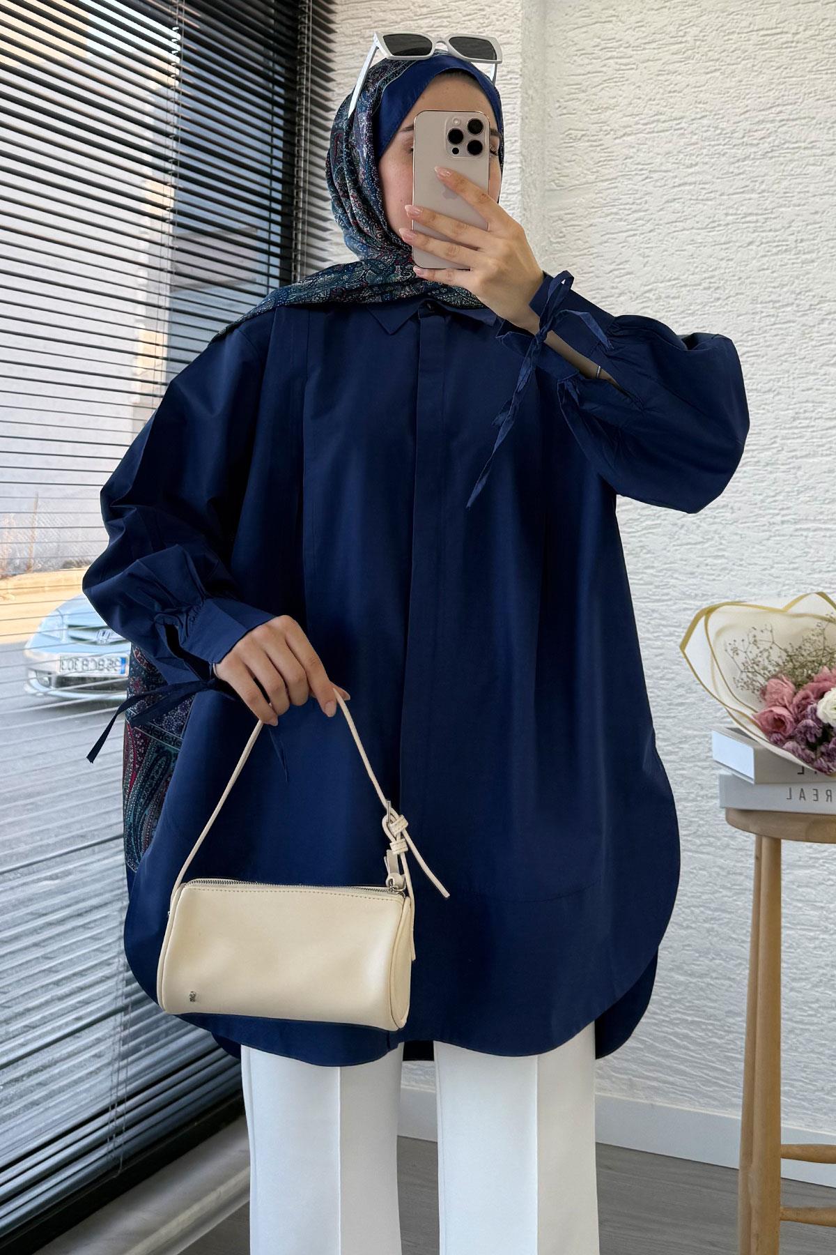 Premium Kolu Bağlamalı Pensli Poplin Tunik - Lacivert