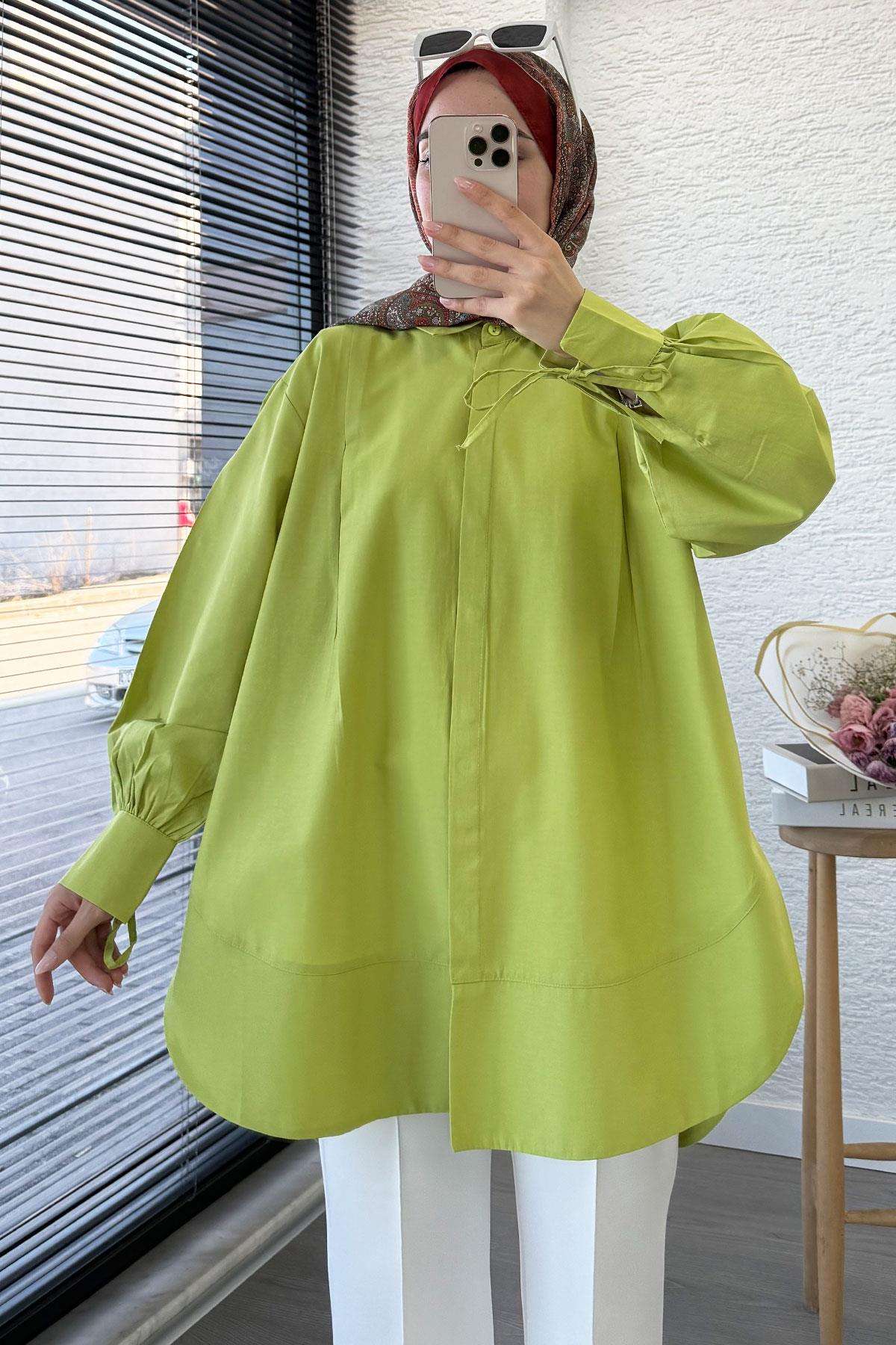 Premium Kolu Bağlamalı Pensli Poplin Tunik - Yeşil