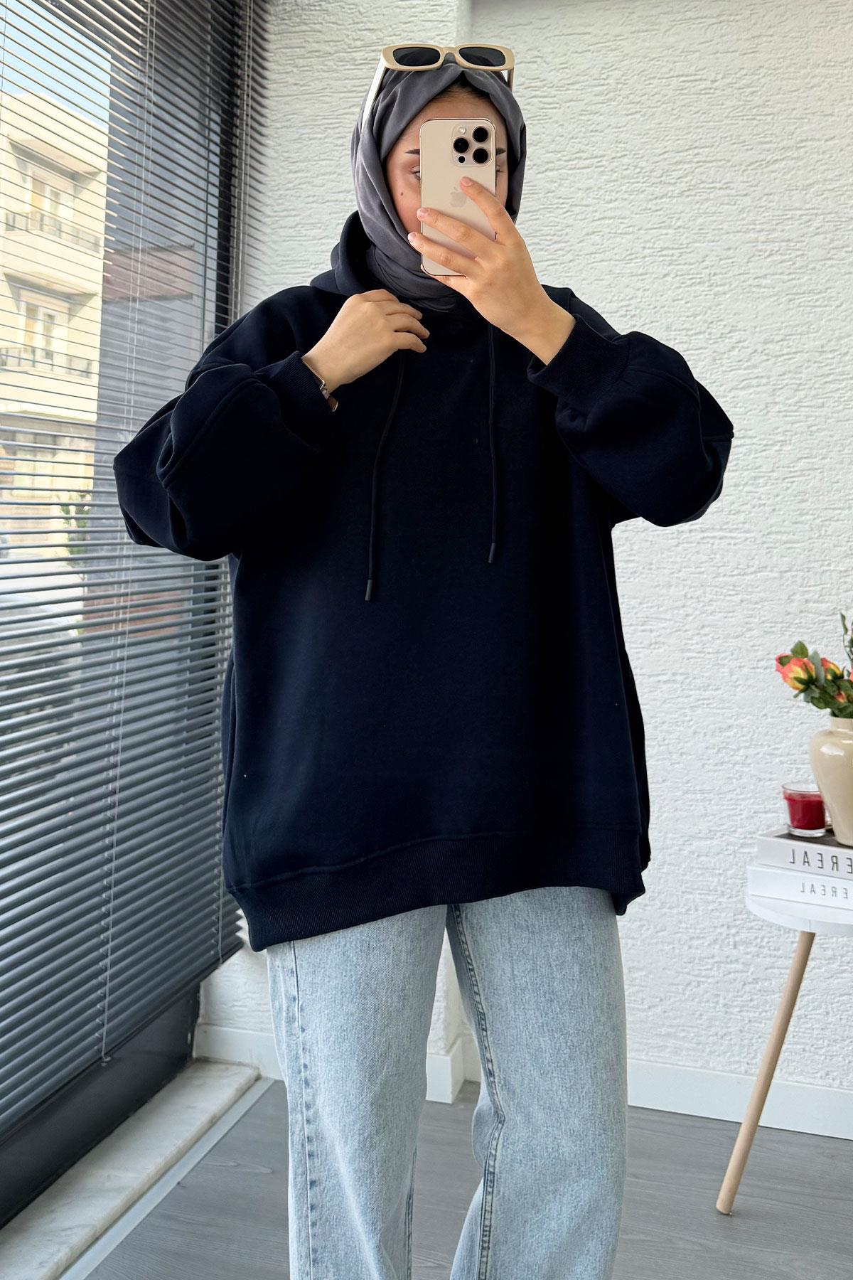 Premium Kolu Pilise Detaylı Oversize Kadın Sweat – Lacivert