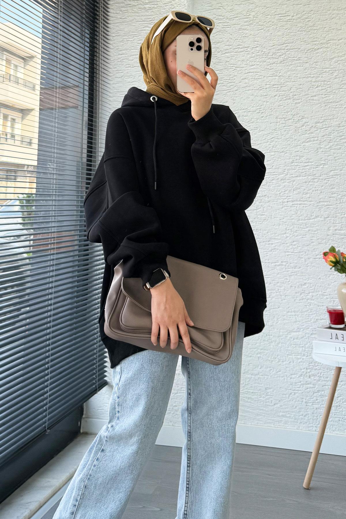 Premium Kolu Pilise Detaylı Oversize Kadın Sweat – Siyah
