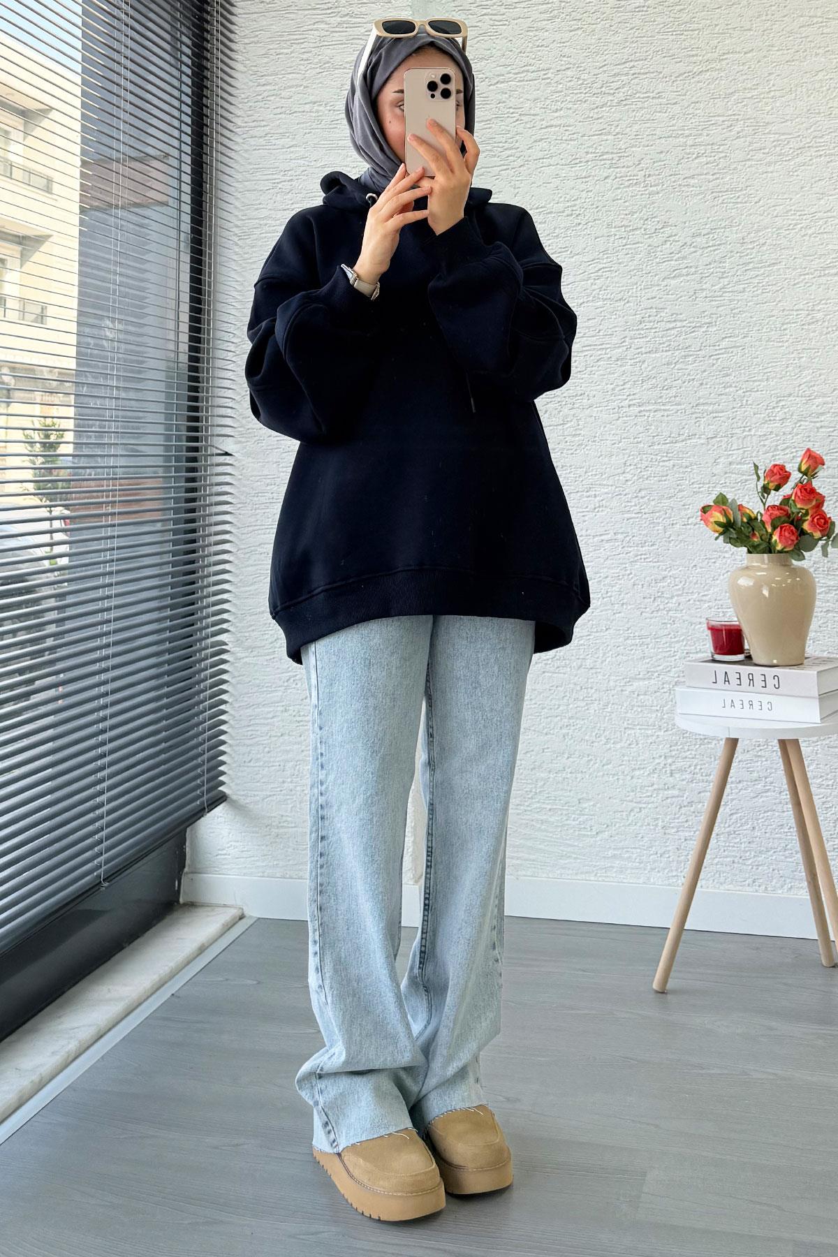 Premium Kolu Pilise Detaylı Oversize Kadın Sweat – Lacivert