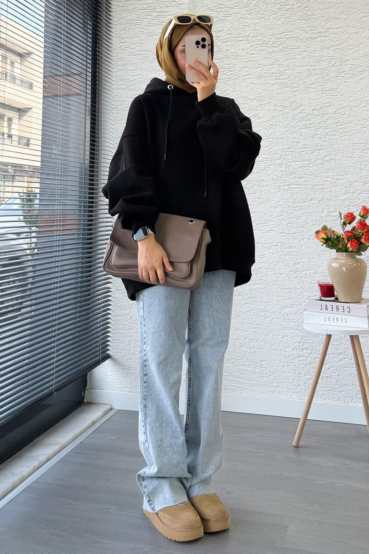 Premium Kolu Pilise Detaylı Oversize Kadın Sweat – Siyah