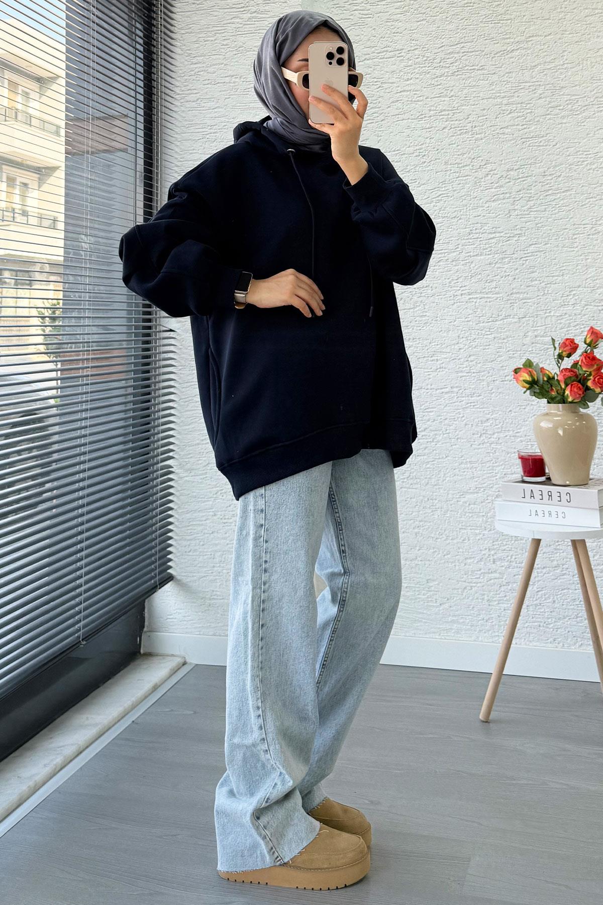 Premium Kolu Pilise Detaylı Oversize Kadın Sweat – Lacivert