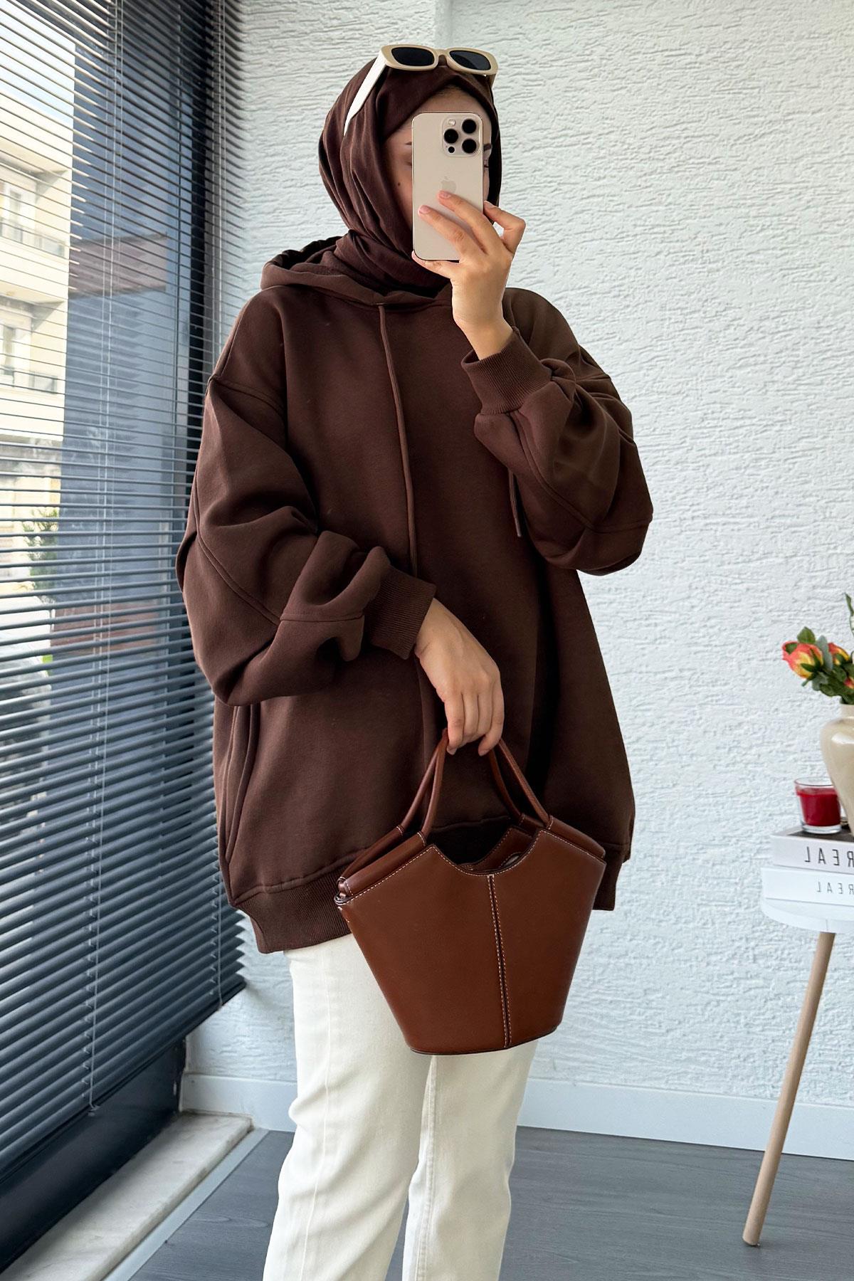 Premium Kolu Pilise Detaylı Oversize Kadın Sweat – Kahverengi