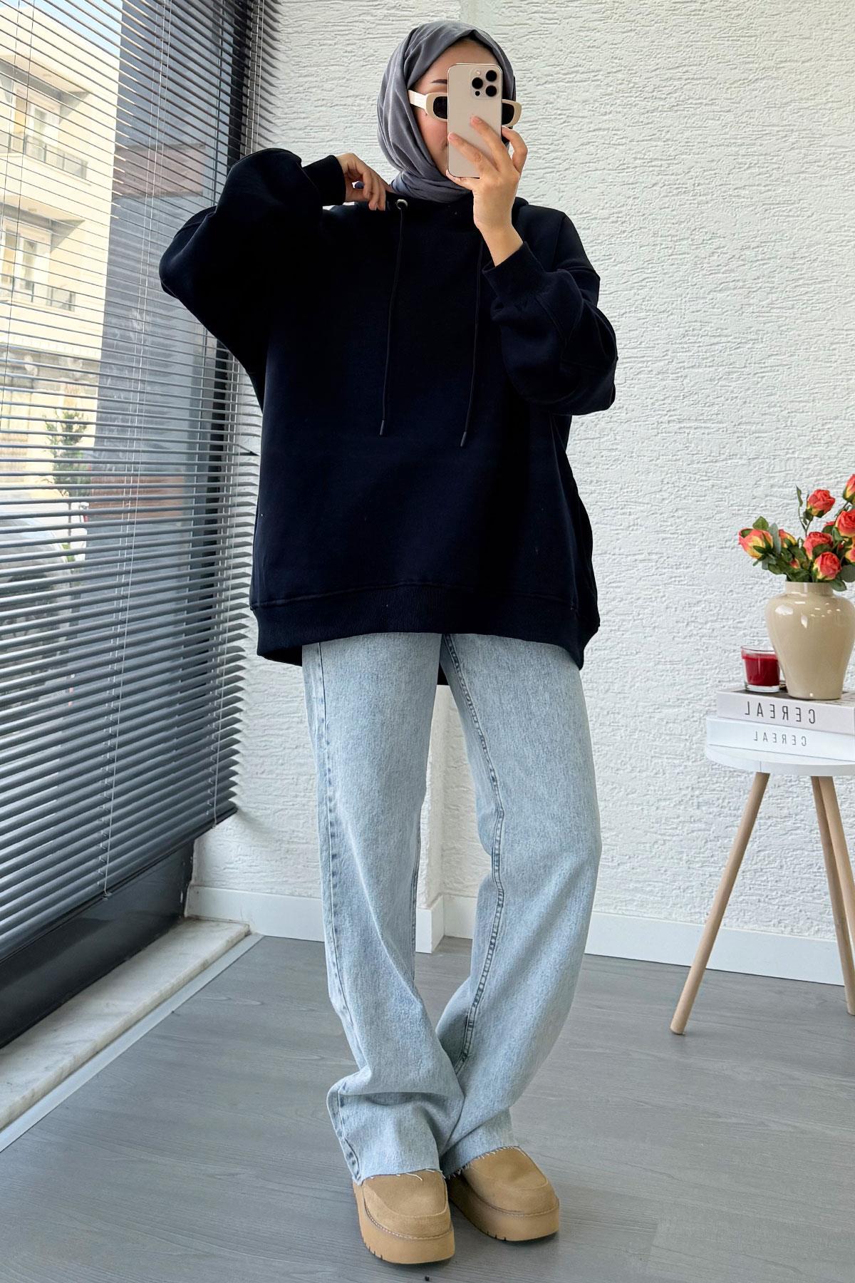 Premium Kolu Pilise Detaylı Oversize Kadın Sweat – Lacivert