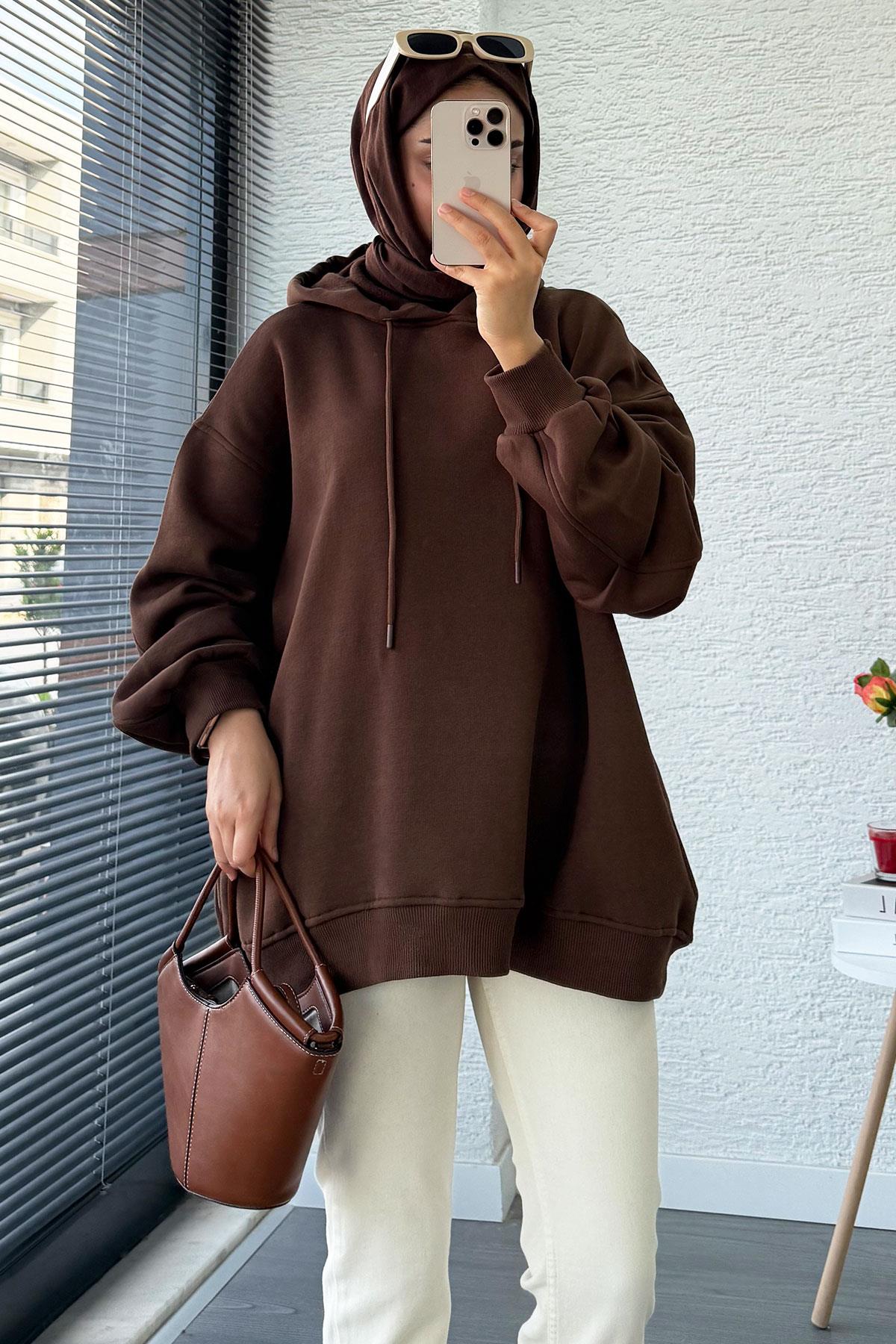 Premium Kolu Pilise Detaylı Oversize Kadın Sweat – Kahverengi