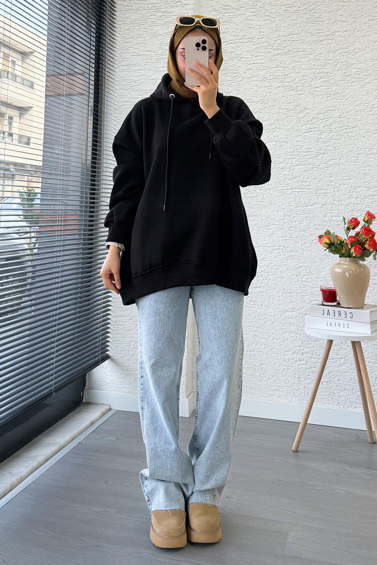 Premium Kolu Pilise Detaylı Oversize Kadın Sweat – Siyah