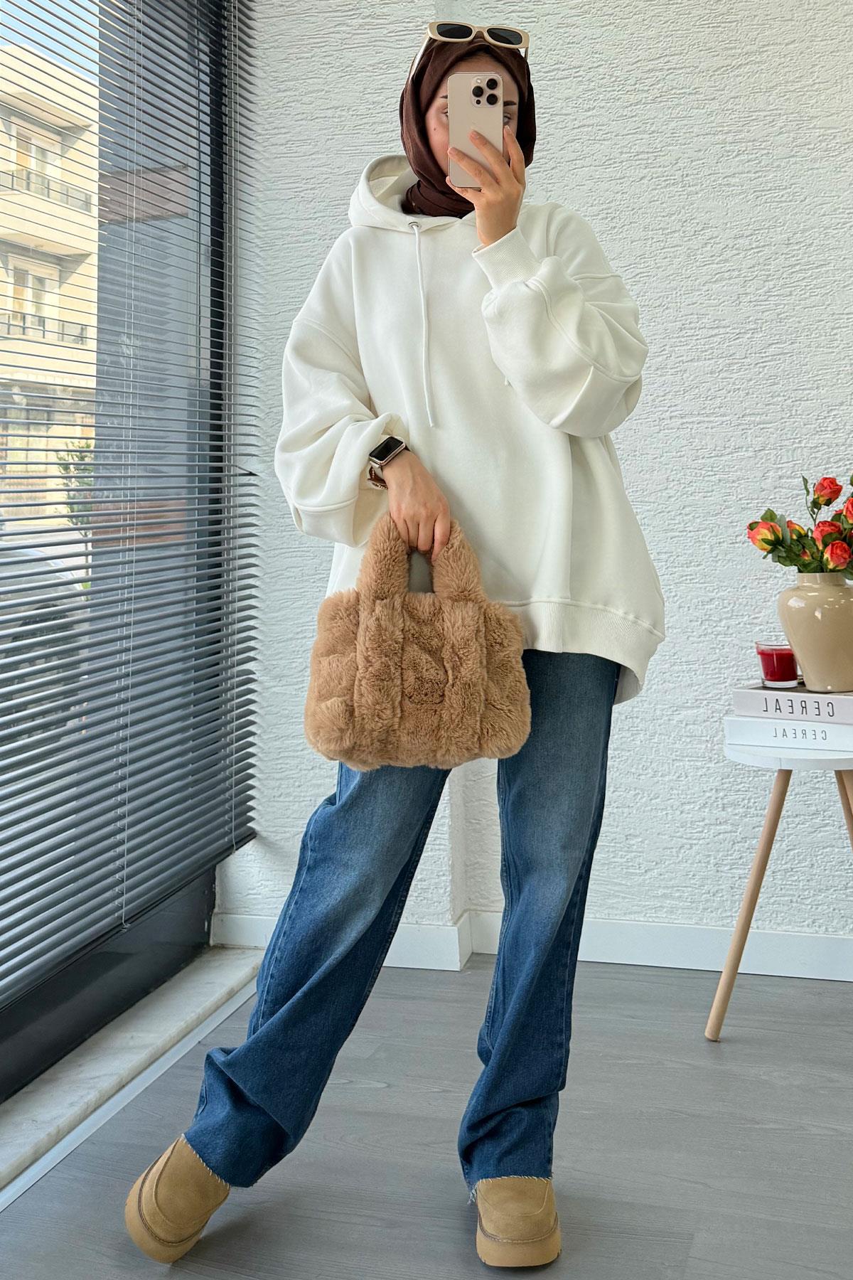 Premium Kolu Pilise Detaylı Oversize Kadın Sweat – Beyaz