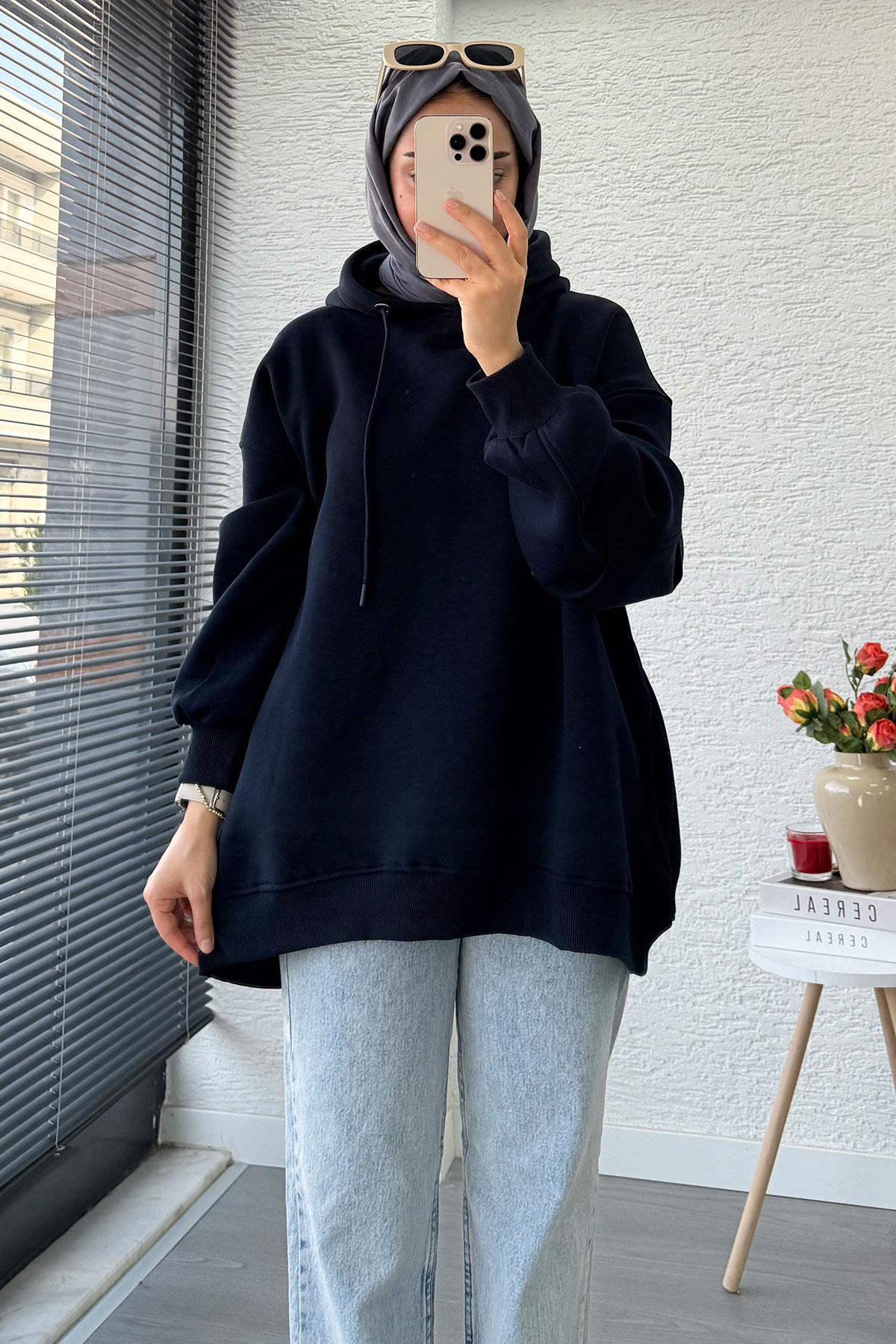 Premium Kolu Pilise Detaylı Oversize Kadın Sweat – Lacivert