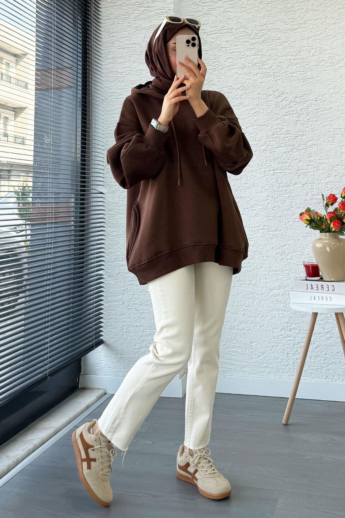 Premium Kolu Pilise Detaylı Oversize Kadın Sweat – Kahverengi