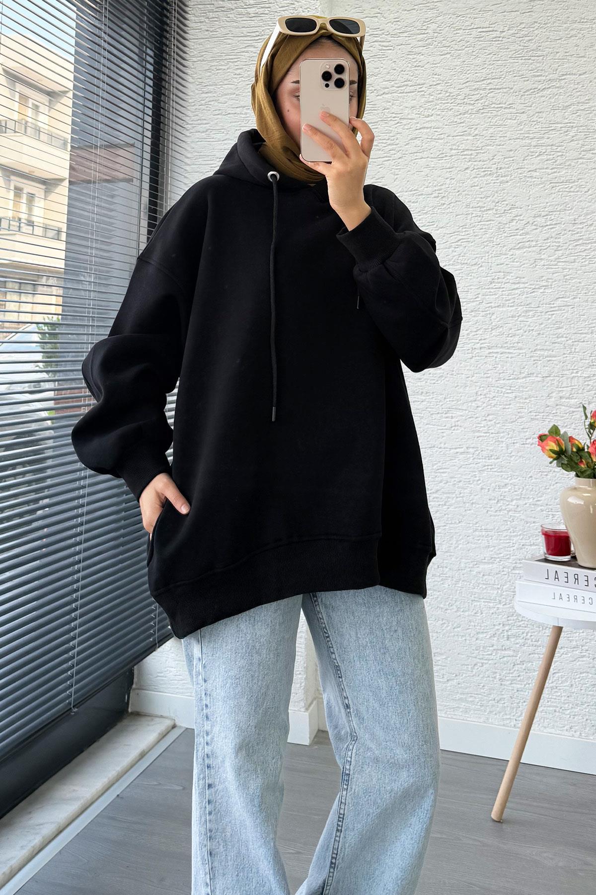 Premium Kolu Pilise Detaylı Oversize Kadın Sweat – Siyah