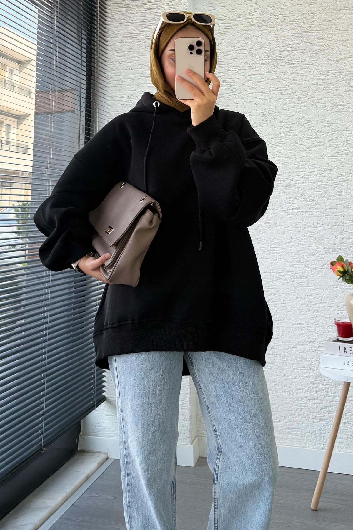 Premium Kolu Pilise Detaylı Oversize Kadın Sweat – Siyah