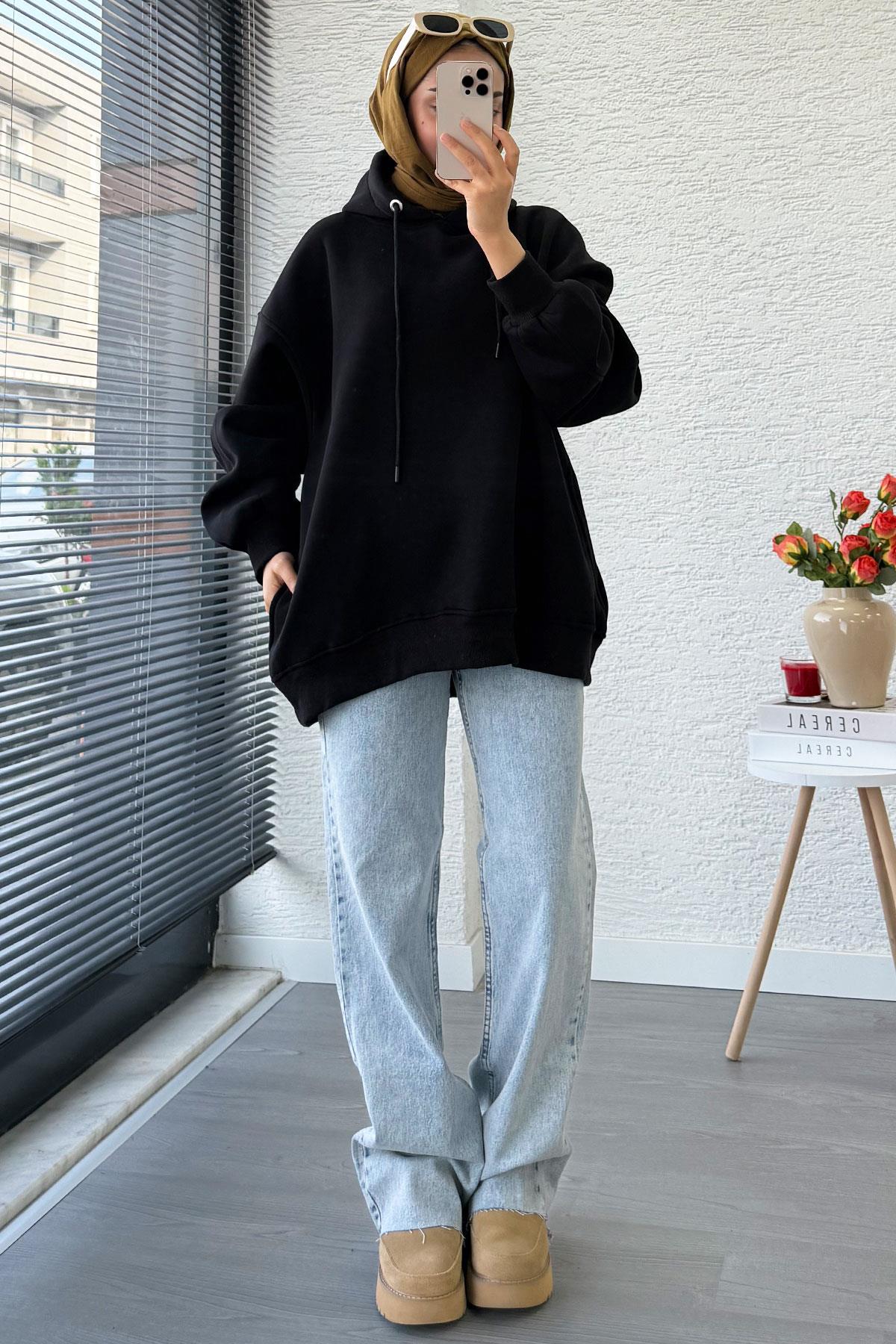 Premium Kolu Pilise Detaylı Oversize Kadın Sweat – Siyah