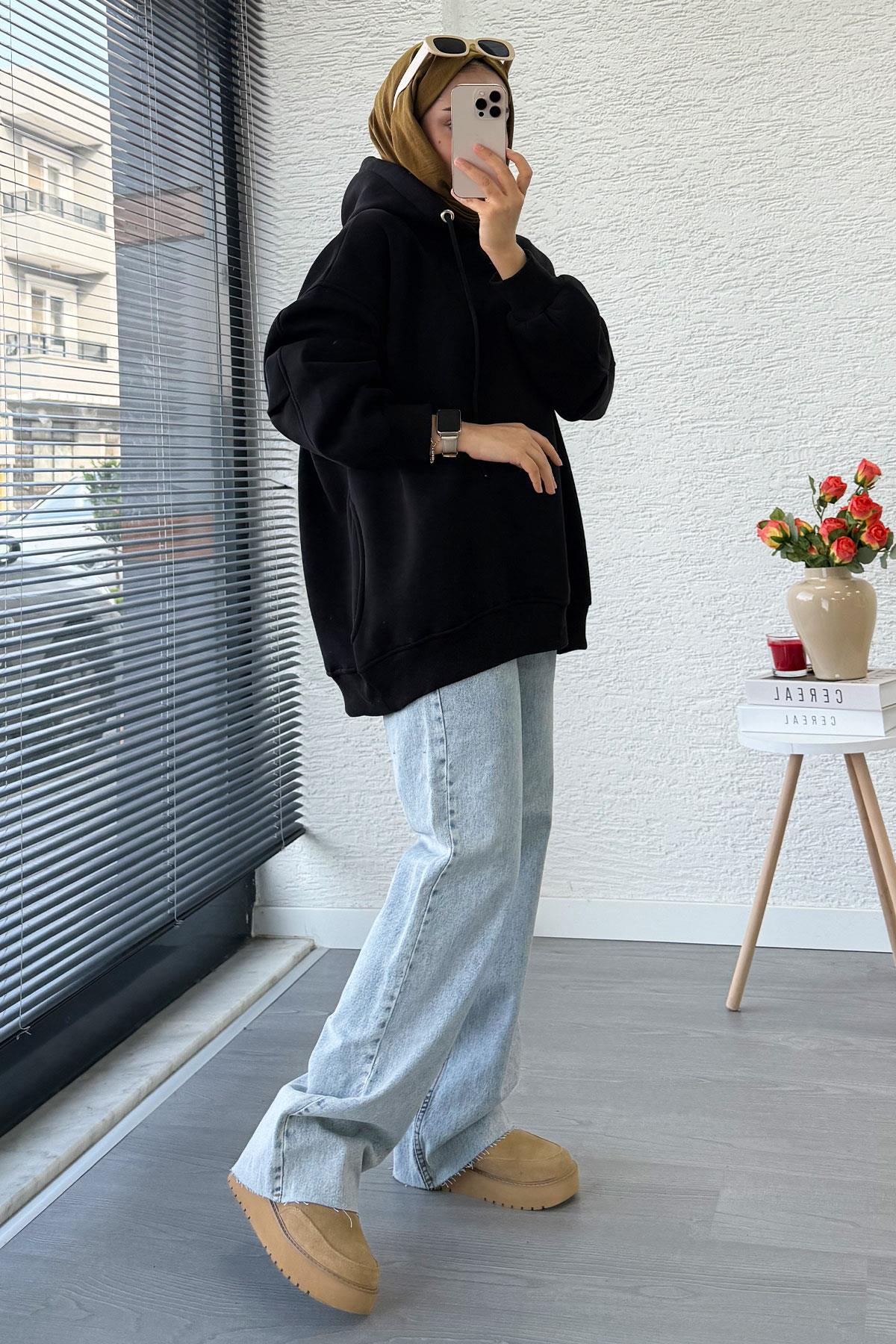 Premium Kolu Pilise Detaylı Oversize Kadın Sweat – Siyah