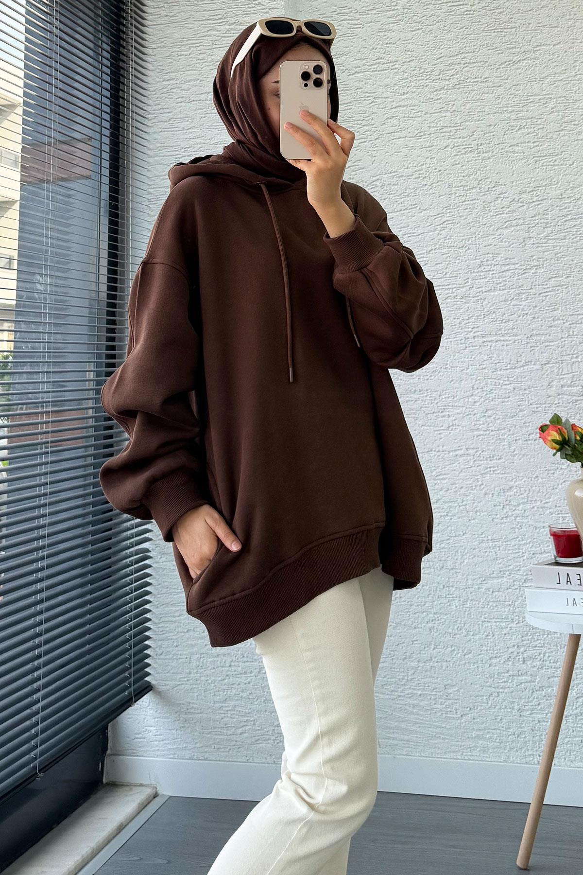 Premium Kolu Pilise Detaylı Oversize Kadın Sweat – Kahverengi