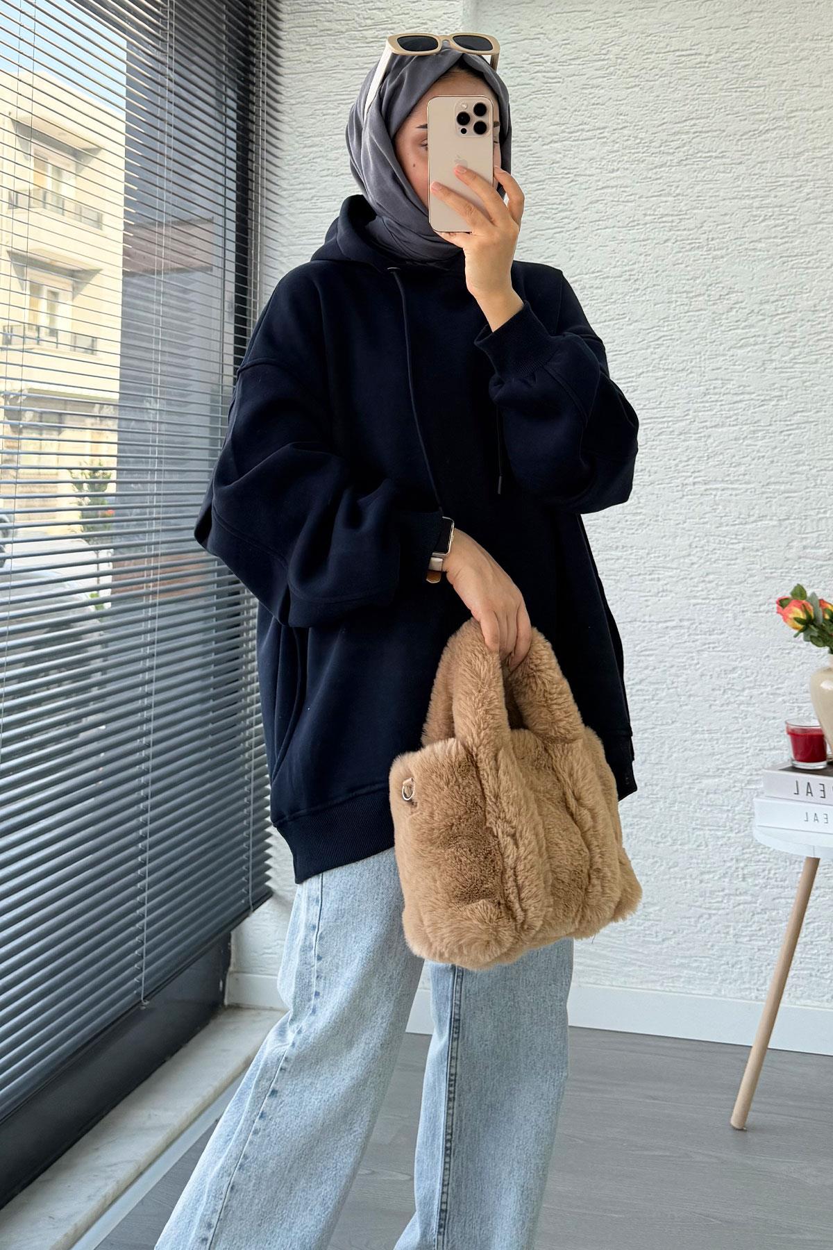 Premium Kolu Pilise Detaylı Oversize Kadın Sweat – Lacivert